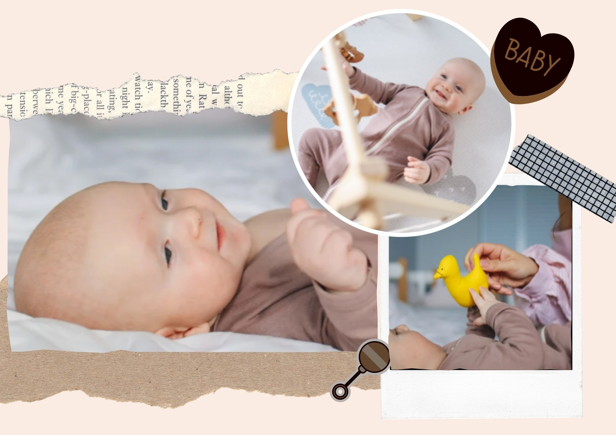 ребёнок играет с мобилью и игрушечной уткой