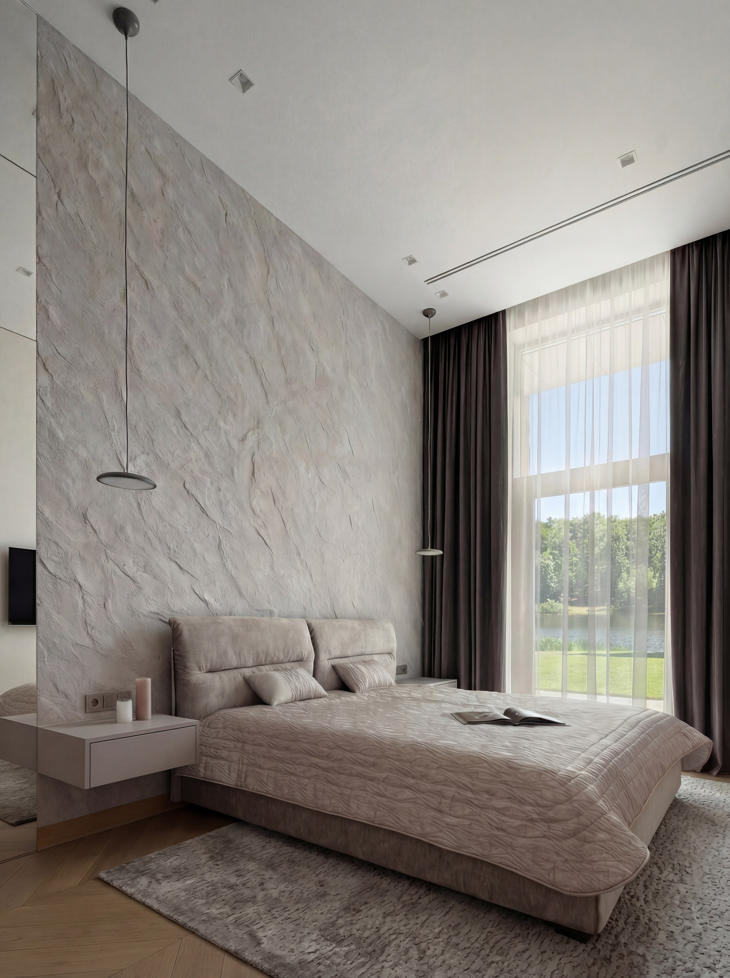 Интерьер спальни в доме у воды от Валерии Котович: высокая стена с фактурой камня, панорамное остекление с видом на озеро, кровать в тауповых оттенках и минималистичные подвесные светильники в премиальной резиденции.