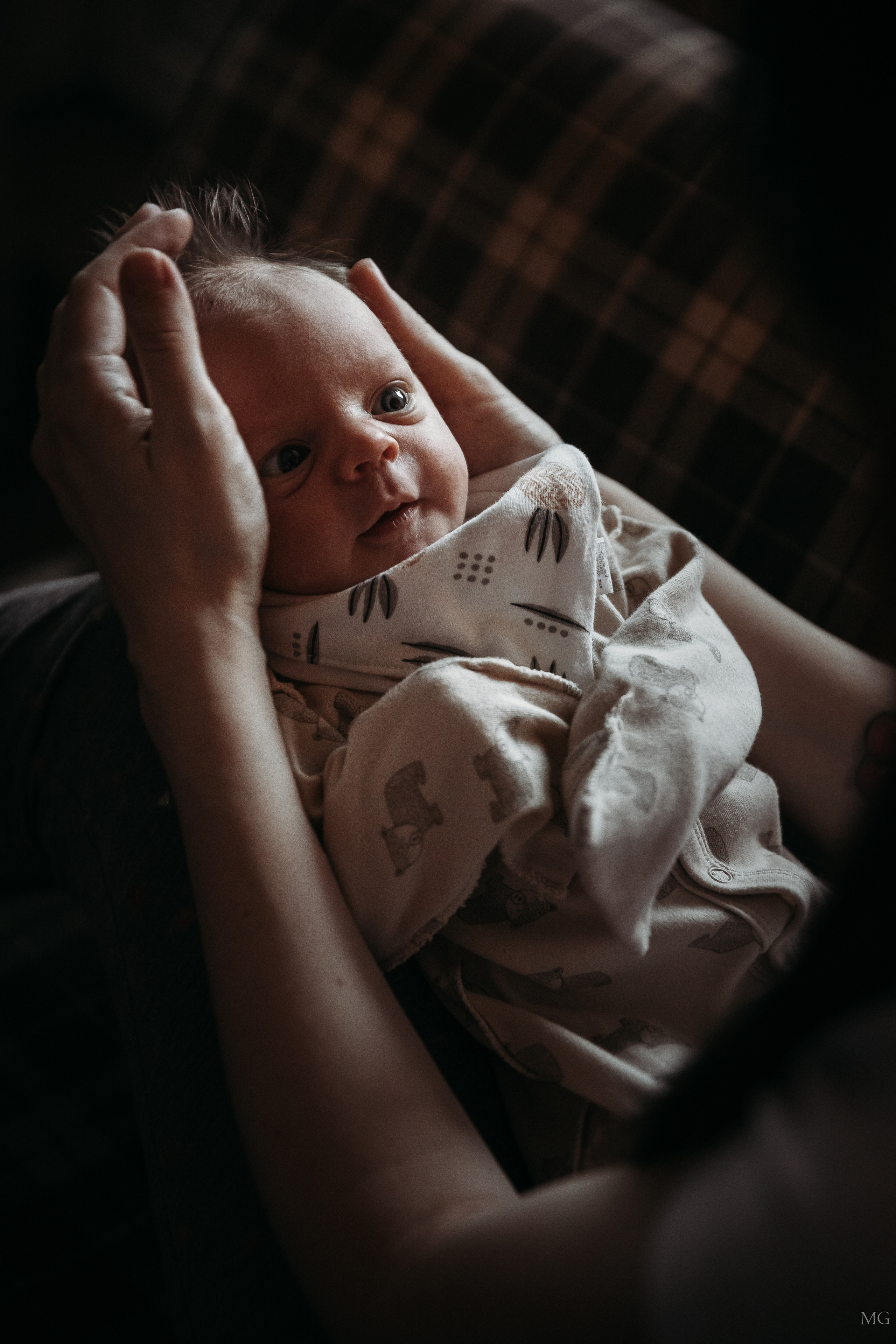 портрет новорожденного малыша дома у мамы на руках