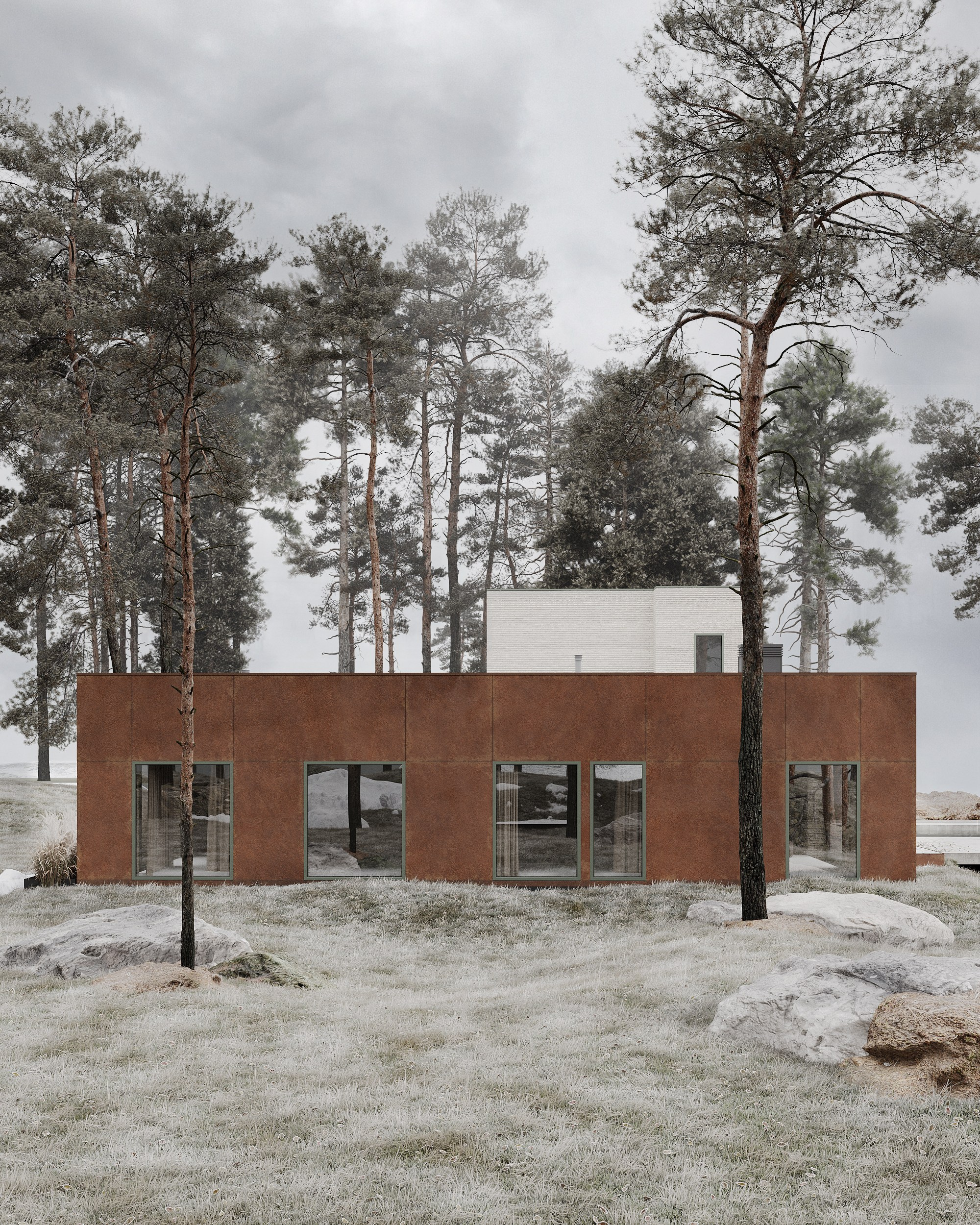 современная архитектура, загородный дом в скандинавском стиле, минимализм, природа, отдых, кортеновская сталь, ригельный кирпич