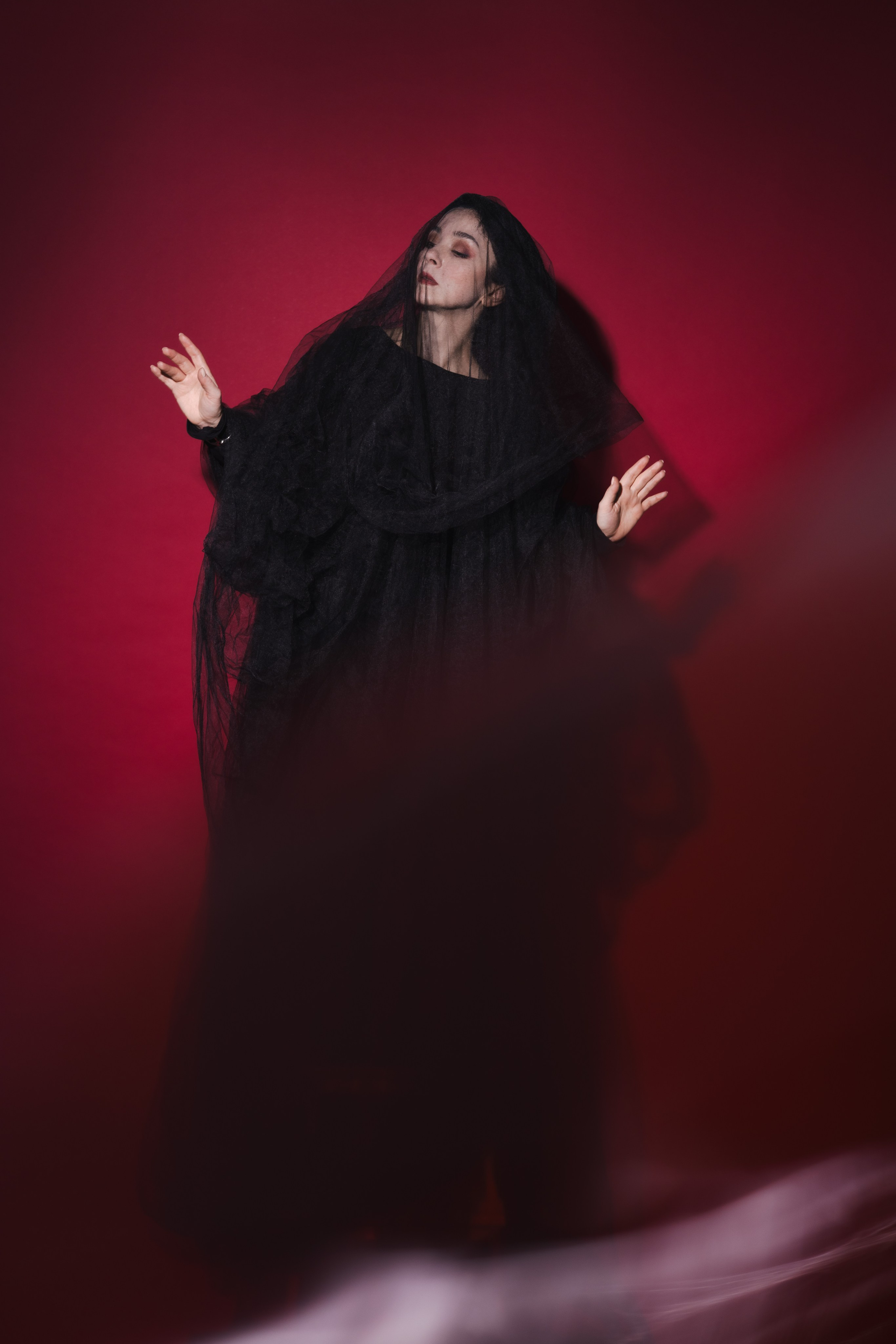 Нана Татишвили, девушка в черном платье на красном фоне