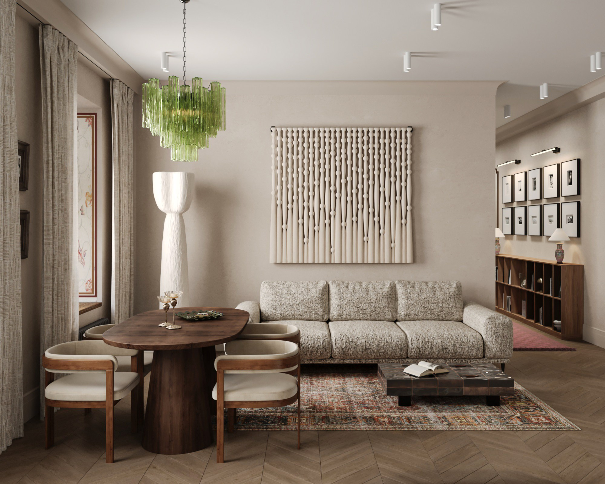 интерьер гостиной с винтажной мебелью и текстилем, квартира на Маяковской