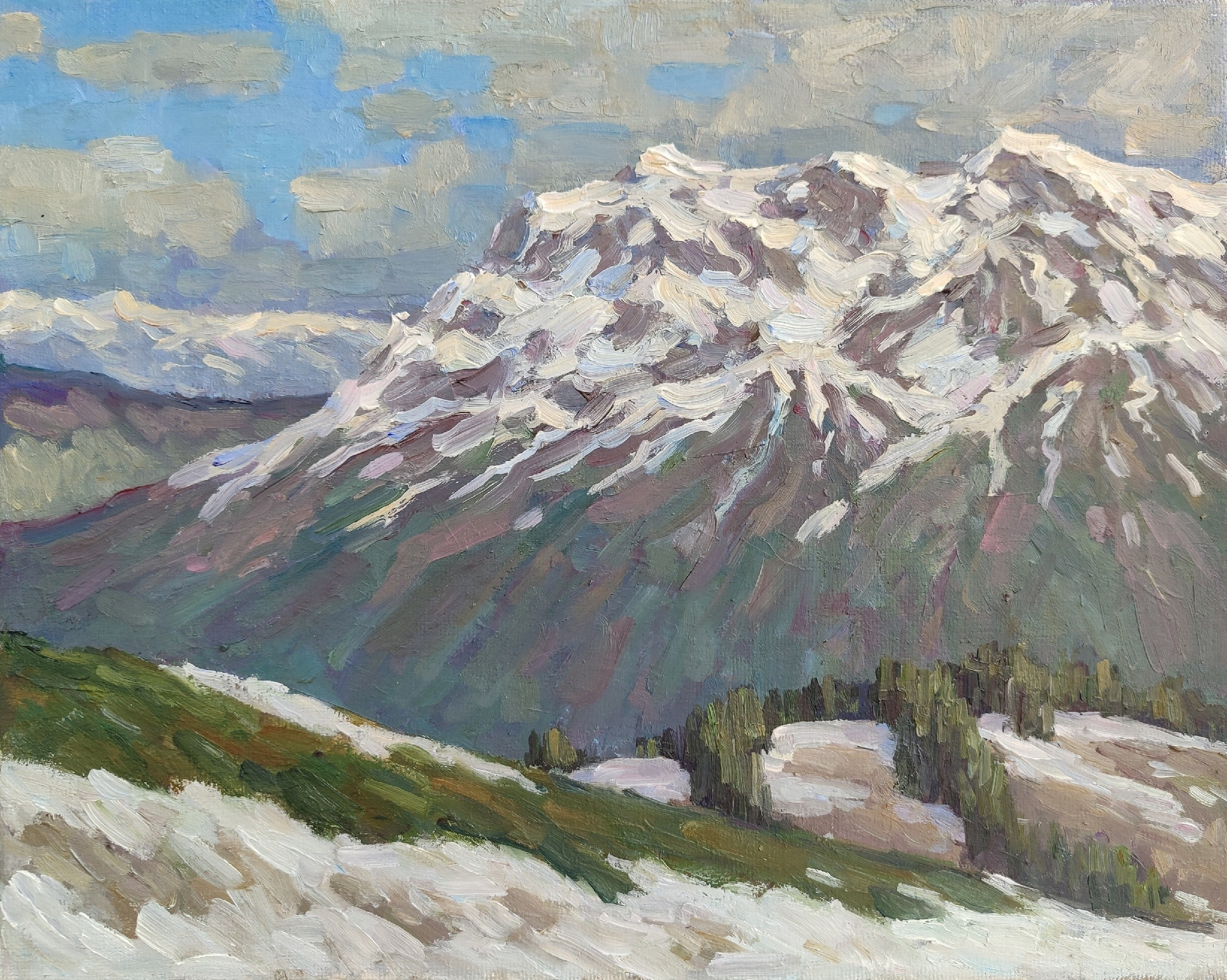 Картина маслом, горный весенний пейзаж и склоны с снегом.