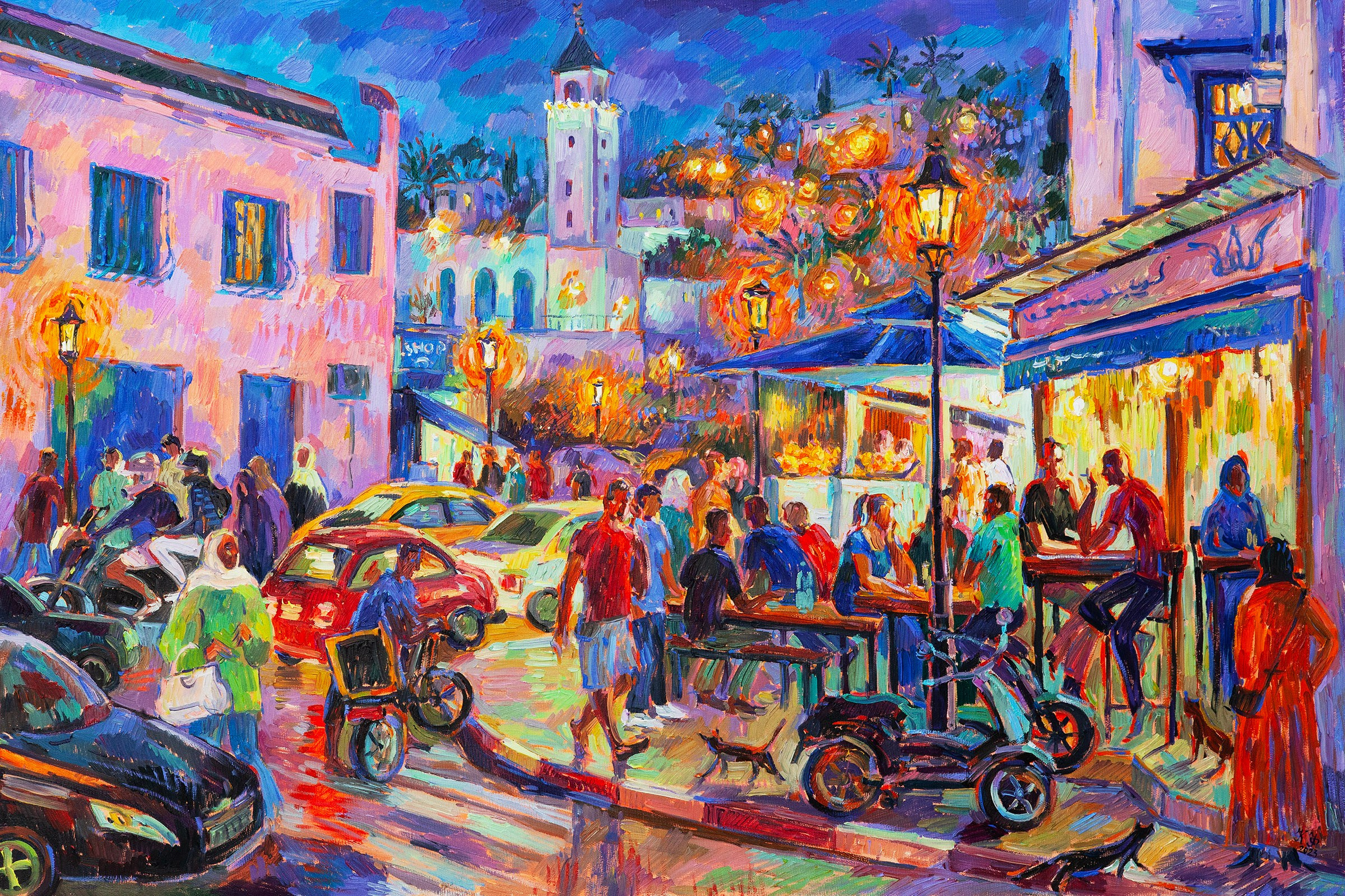 A corner perspective of a small fast-food cafe situated on a bustling street in Sidi Boussaïd, set against the backdrop of Al-Ghofran mosque.