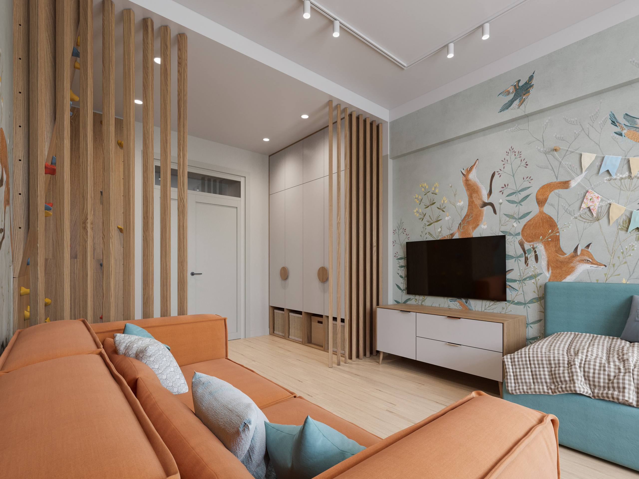 Система хранения в детской с корзинами и встроенным шкафом