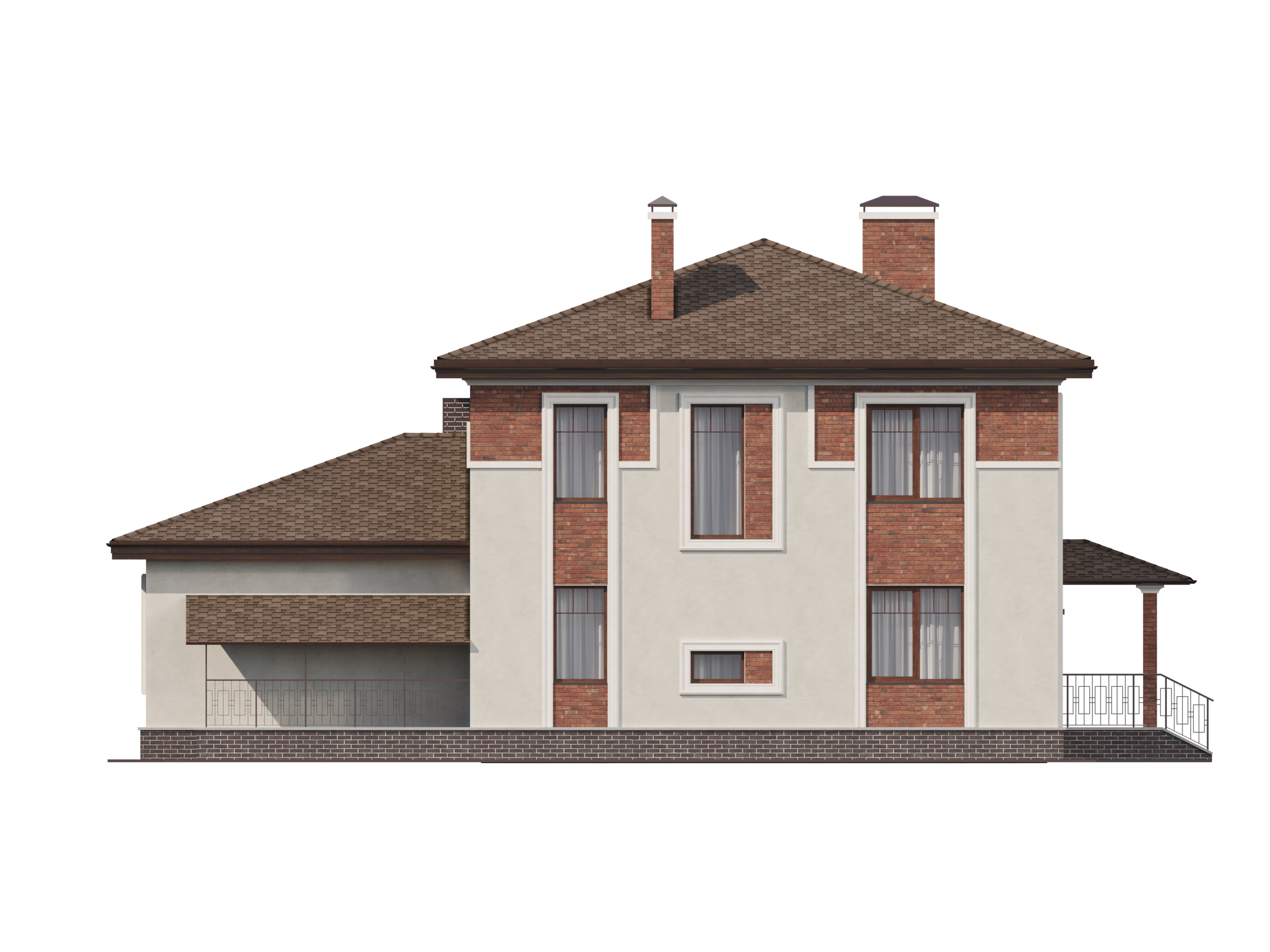 Боковой фасад загородного дома с кирпичными акцентами, большими вертикальными окнами