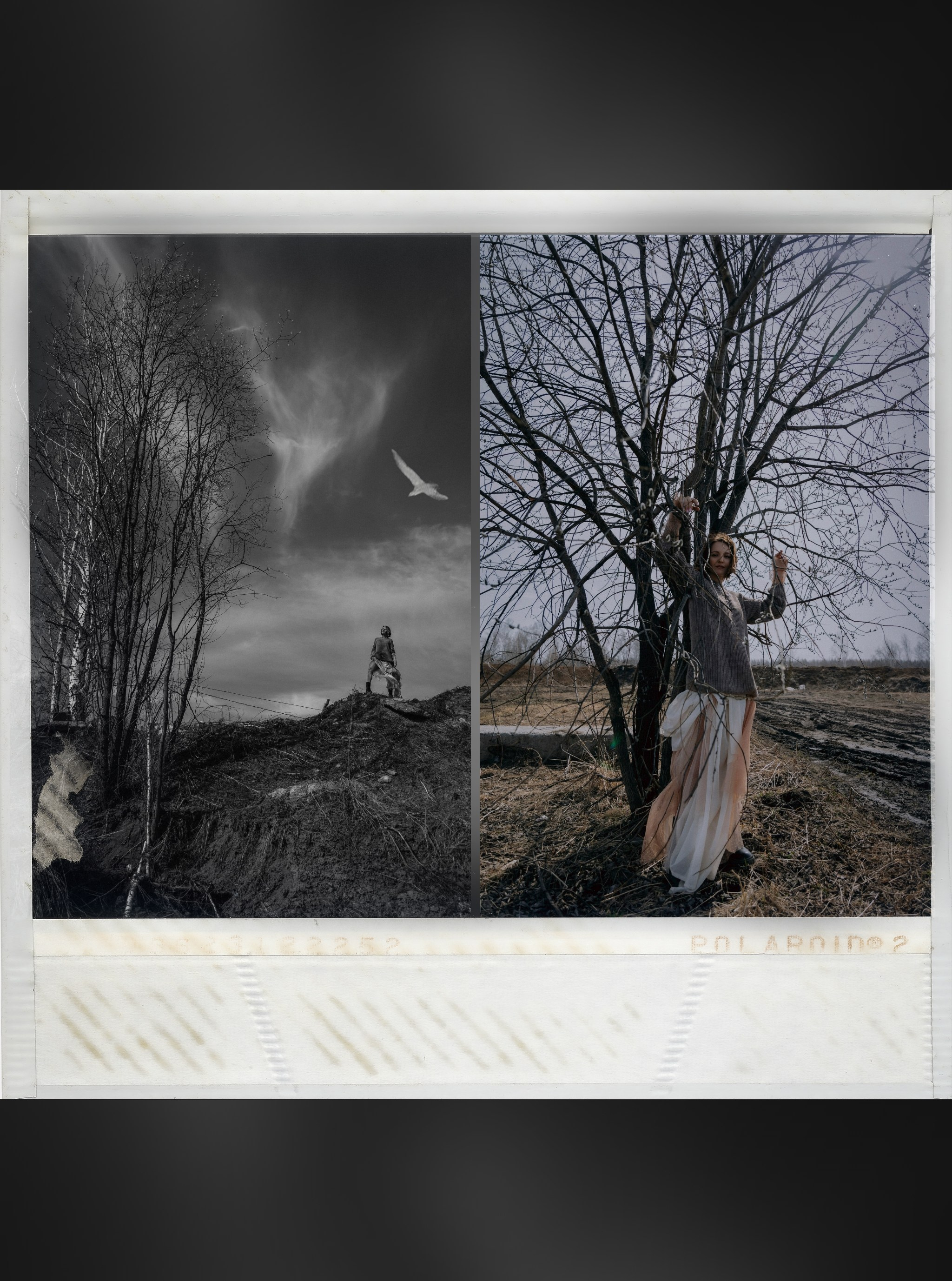 девушка в свитере и прозрачной юбке стоит  у дерева