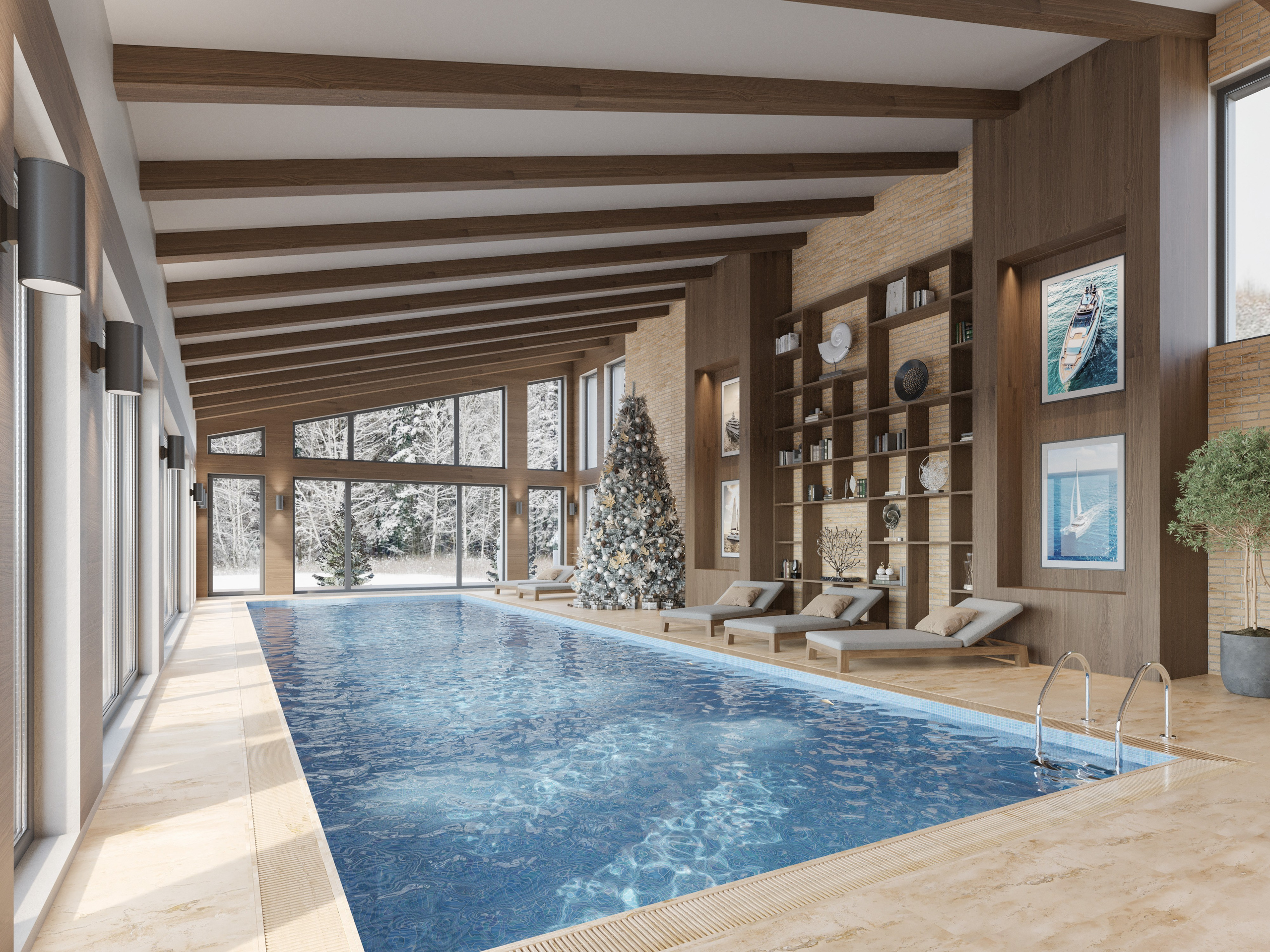 Визуализация бассейна с панорамным остеклением и высоким стеллажом с зоне лежаков