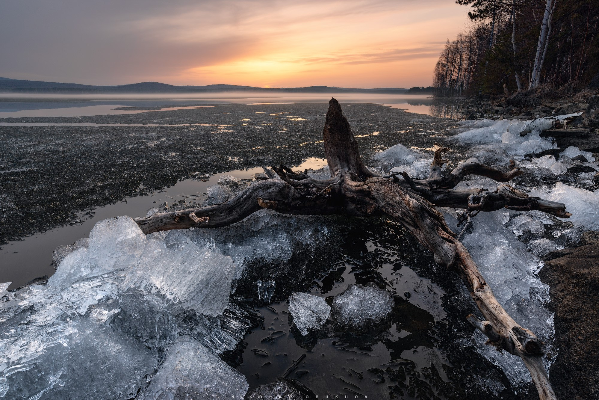 Черноисточинский пруд весной. Последний лед и коряга на закате