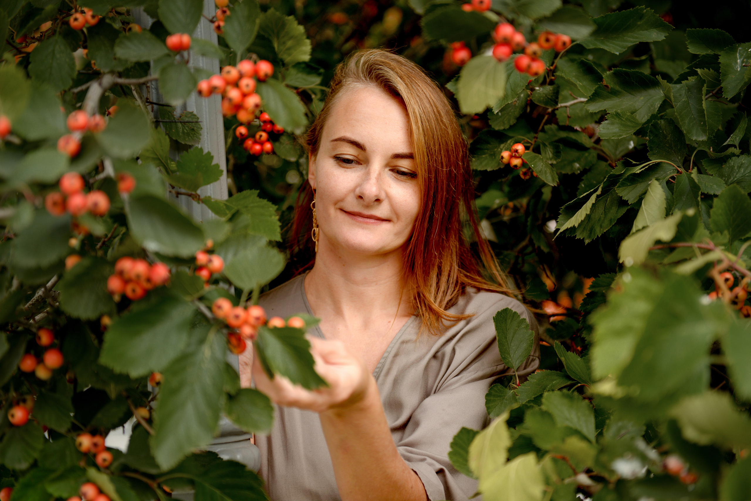 Девушка любуется кустом боярышника с яркими ягодами
