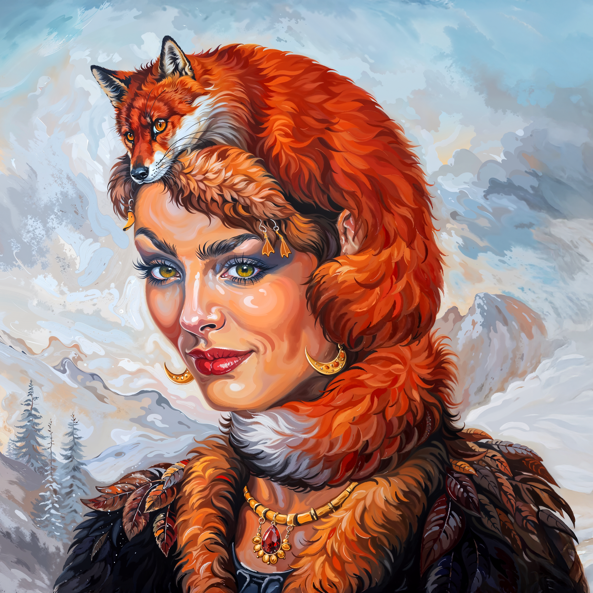 Женский портрет с лисой, обвившейся вокруг головы и шеи как головной убор, на фоне заснеженных гор