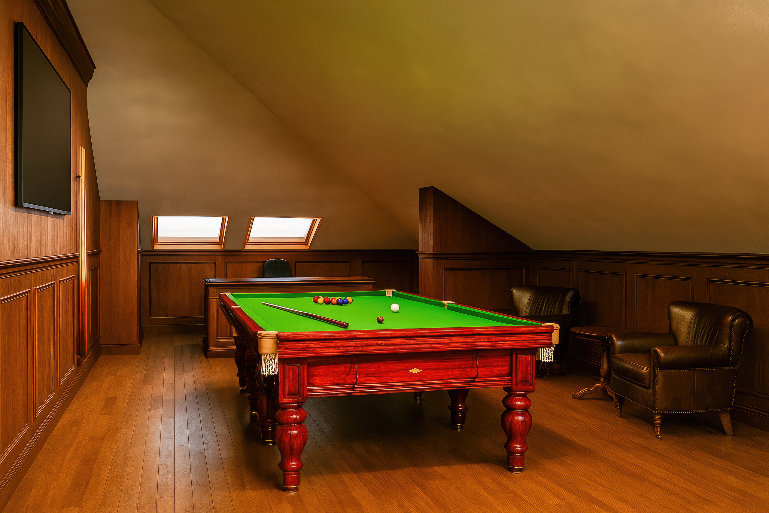 Реалистичный вид тёплой бильярдной с кожаными креслами и столом