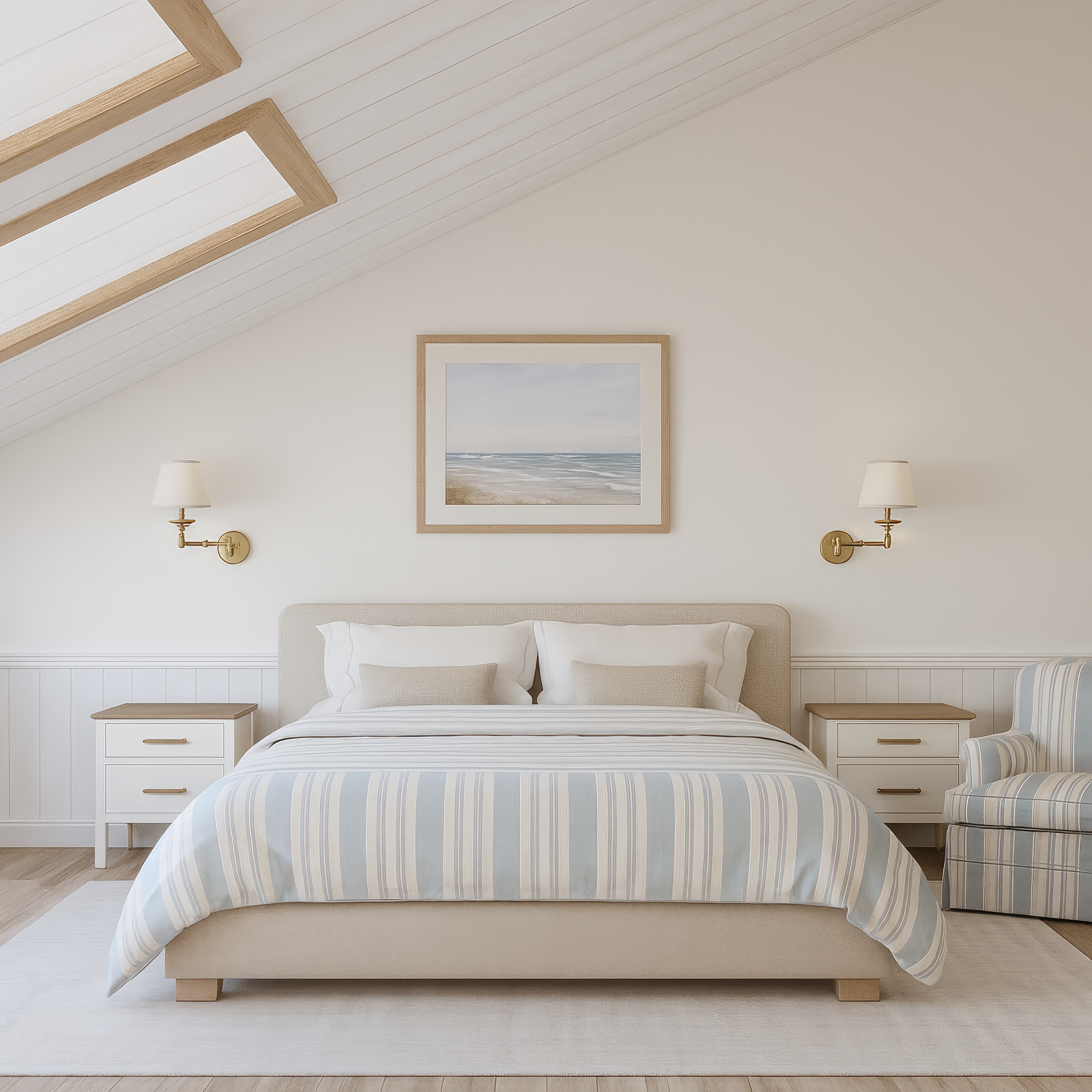 Интерьерный рендер светлой спальня в нежных тонах с двуспальной кроватью, тумбочками и картиной   