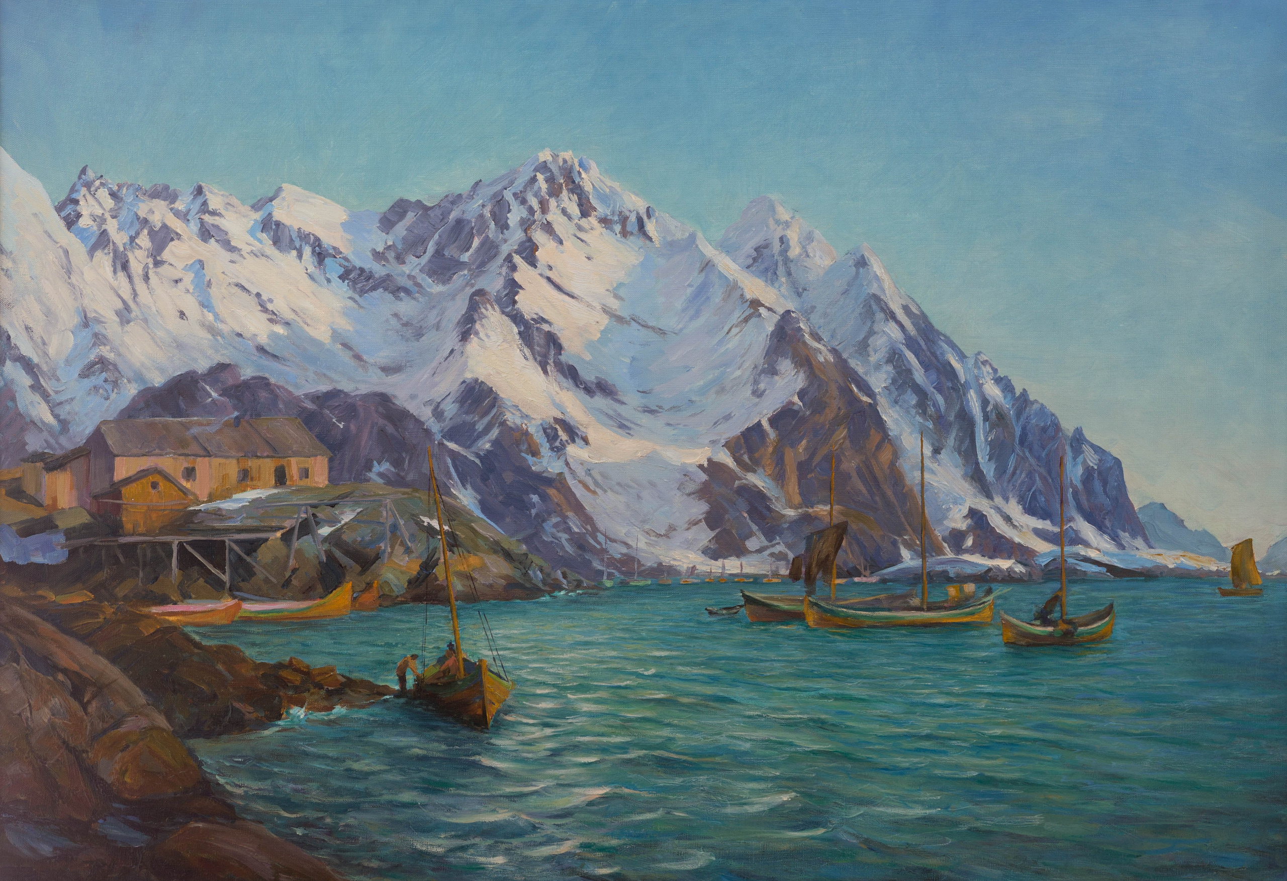 Копия Ивена Улвинга "Гавань Хенингсвера" Copy of Even Ulving "Henningswehr Harbor" oil on canvas 70x100 cm.