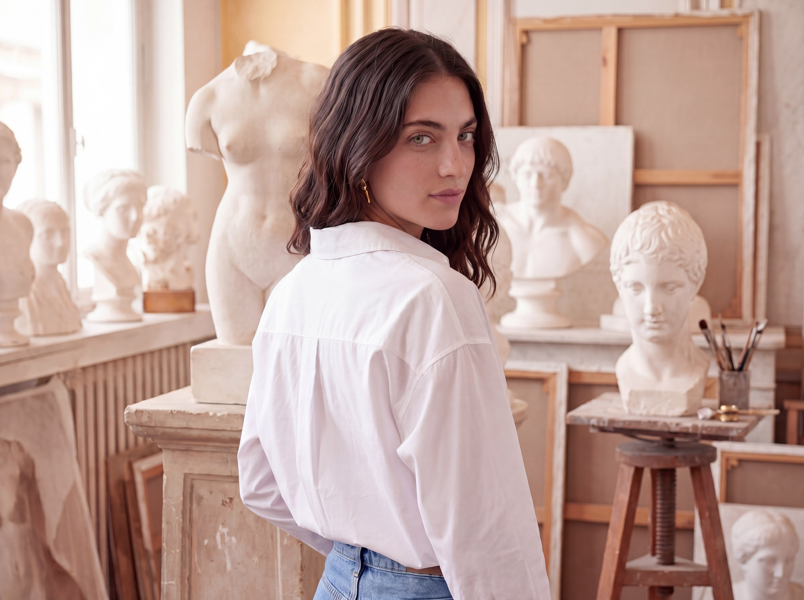 Имиджевая ИИ-фотосессия: AI-модель в белой рубашке и джинсах, сидящая, для реализации самых смелых креативных концепций и конкурентного преимущества