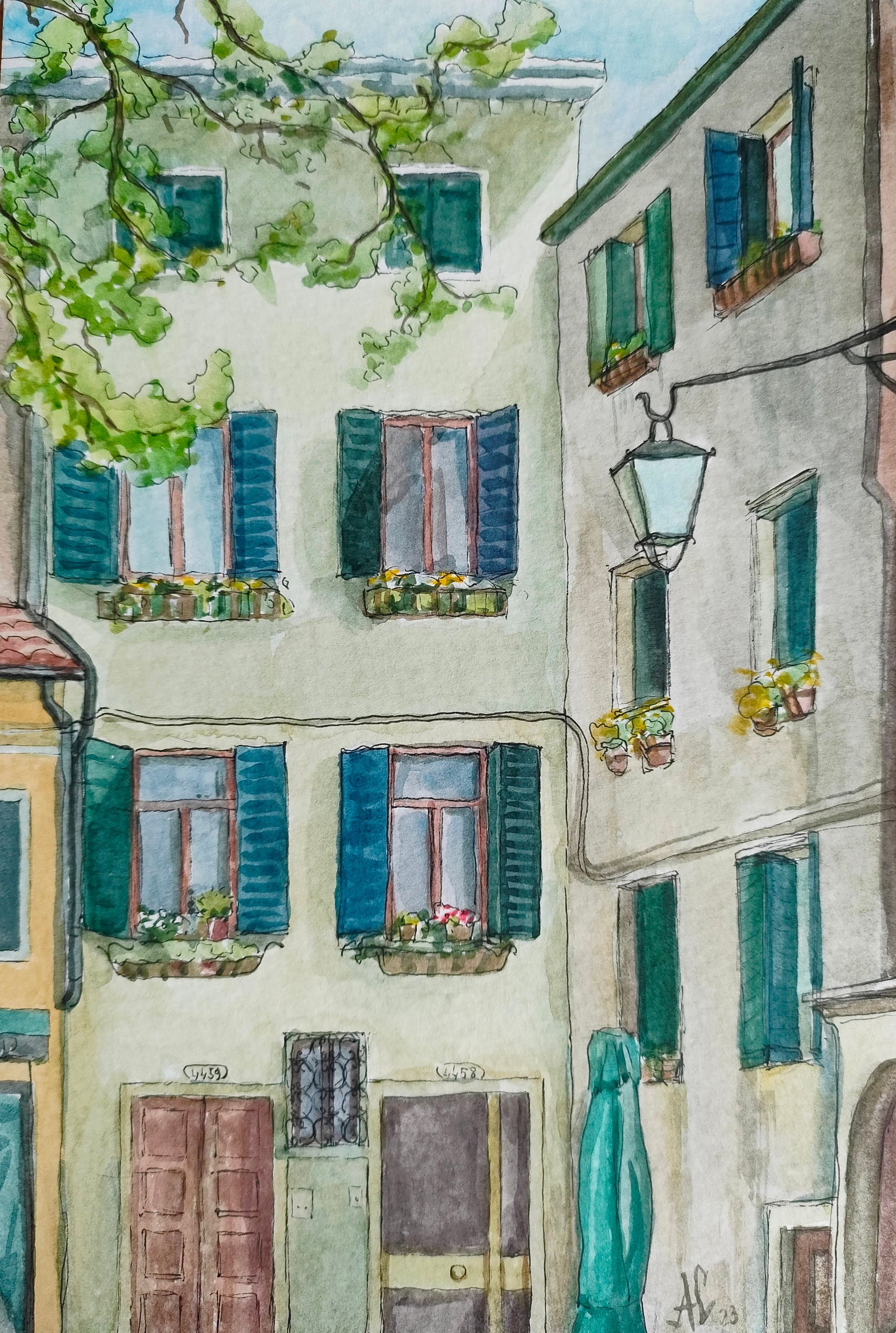 "Фрагмент жилого дома, Венеция, Италия", акварель/тушь, 2023