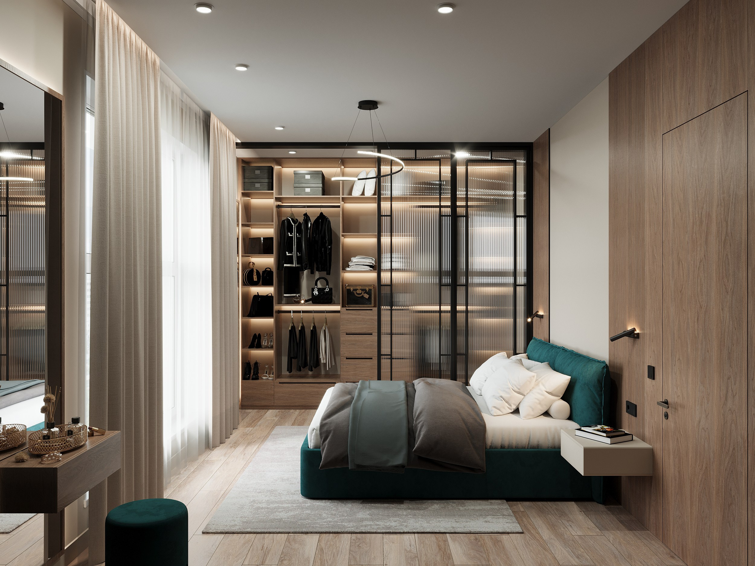 Спальня с гардеробом. 3D визуализация