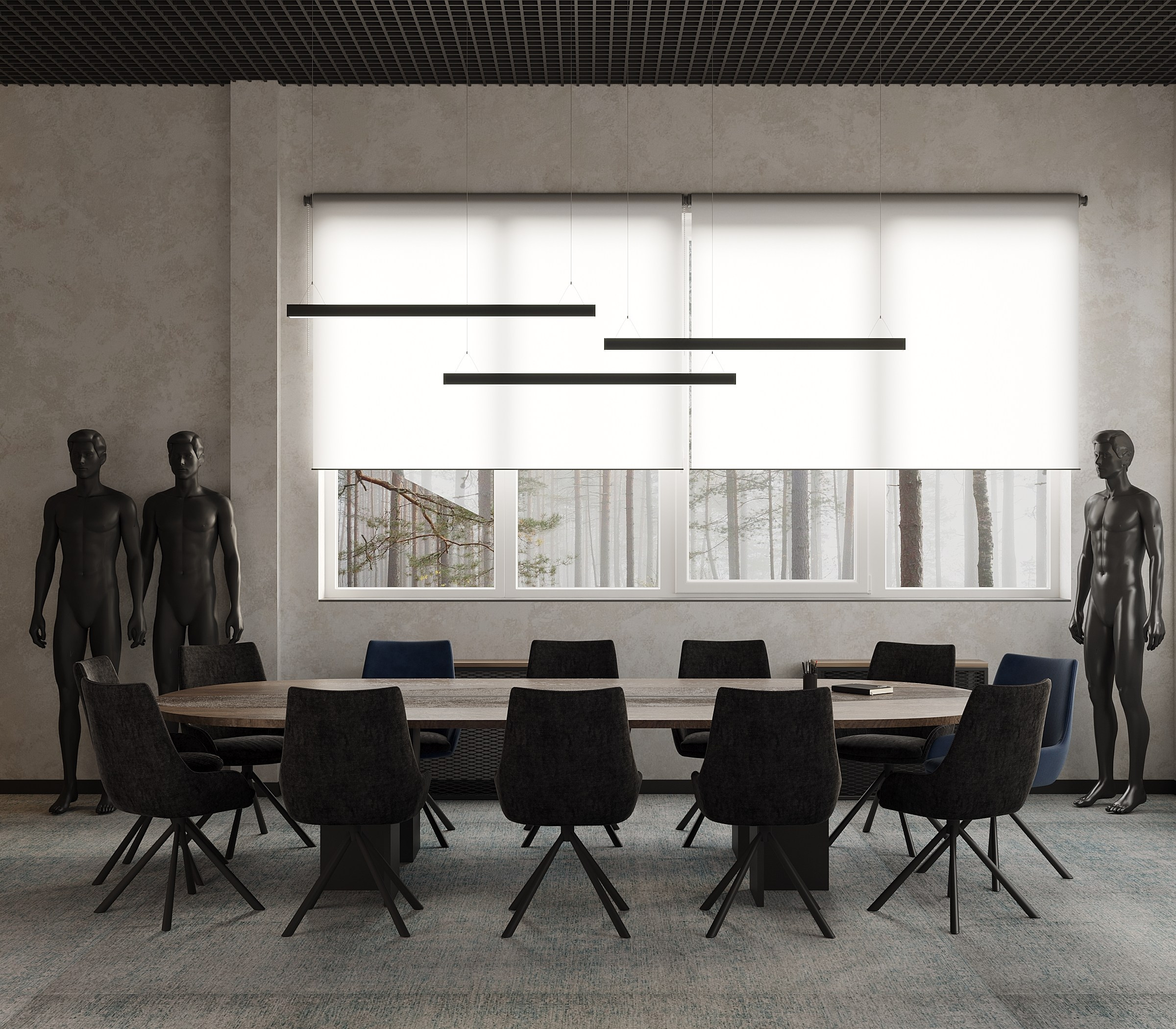 Интерьер современного офиса с переговорной зоной в серых тонах