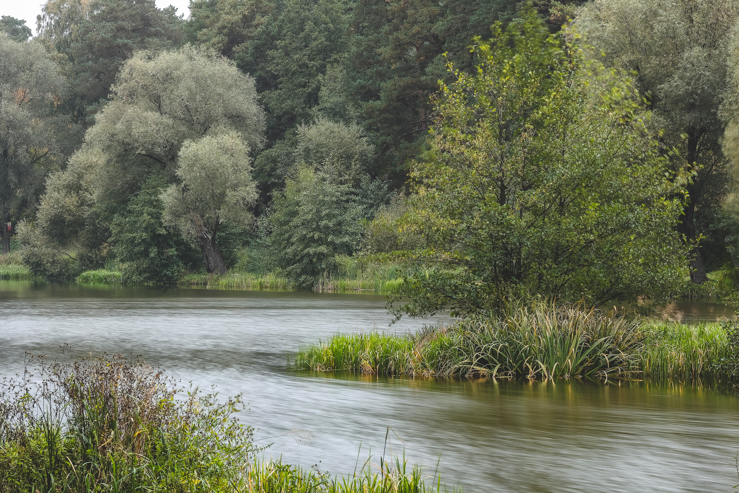 Осенний пейзаж телеобъективом с матово-шелковым эффектом движения воды