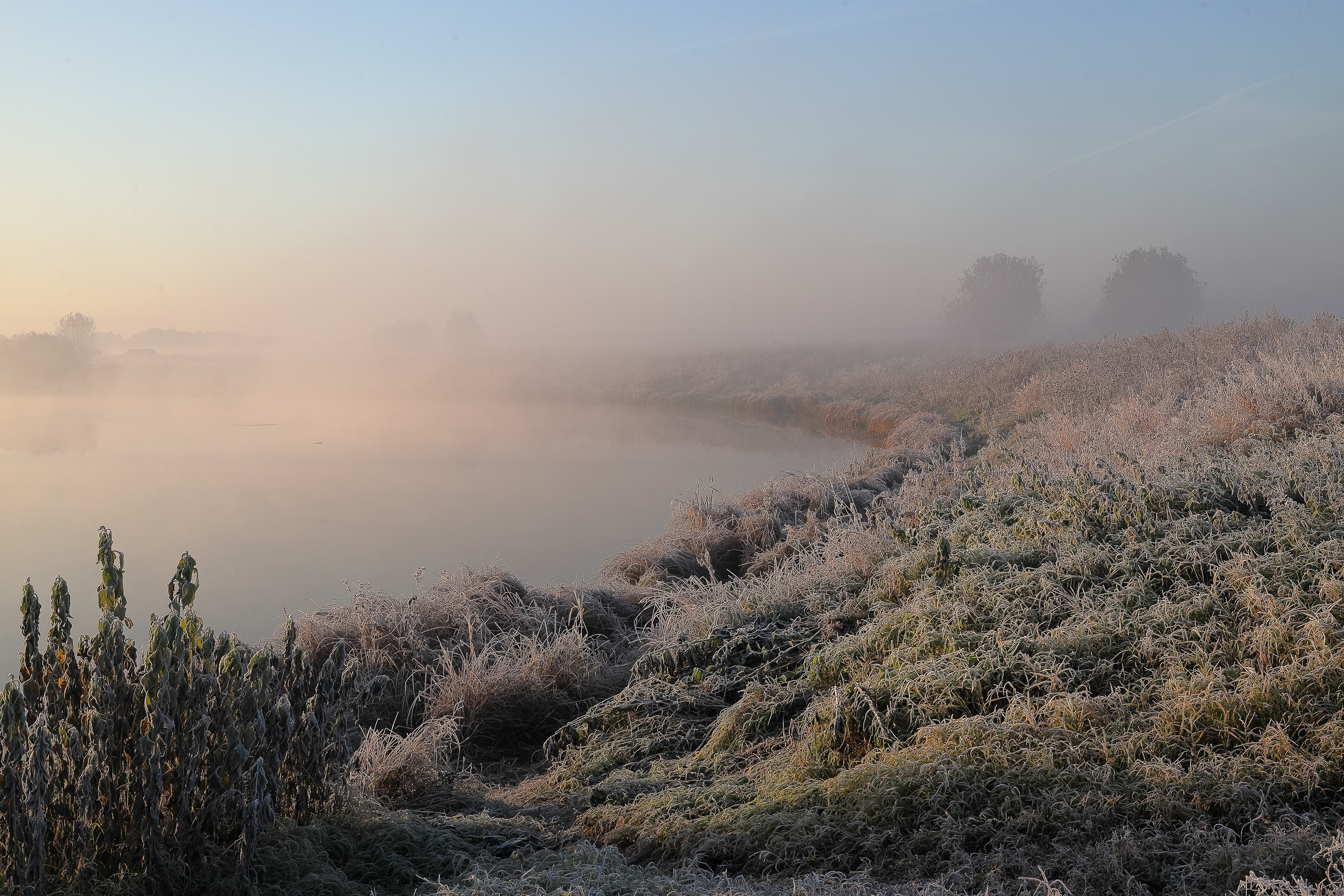 Туманный рассвет после ночных осенних заморозков на речке Быковка