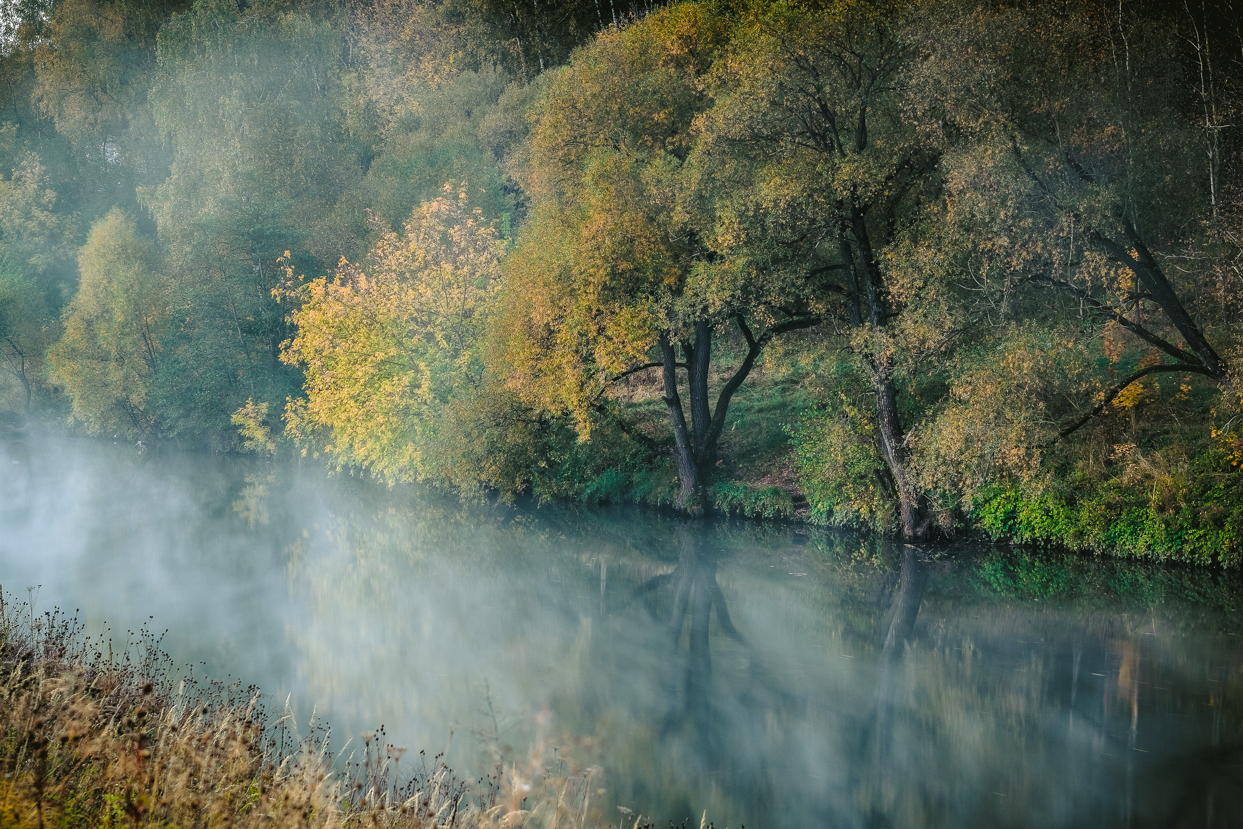 Утренний осенний туман стелящийся над рекой Пахра
