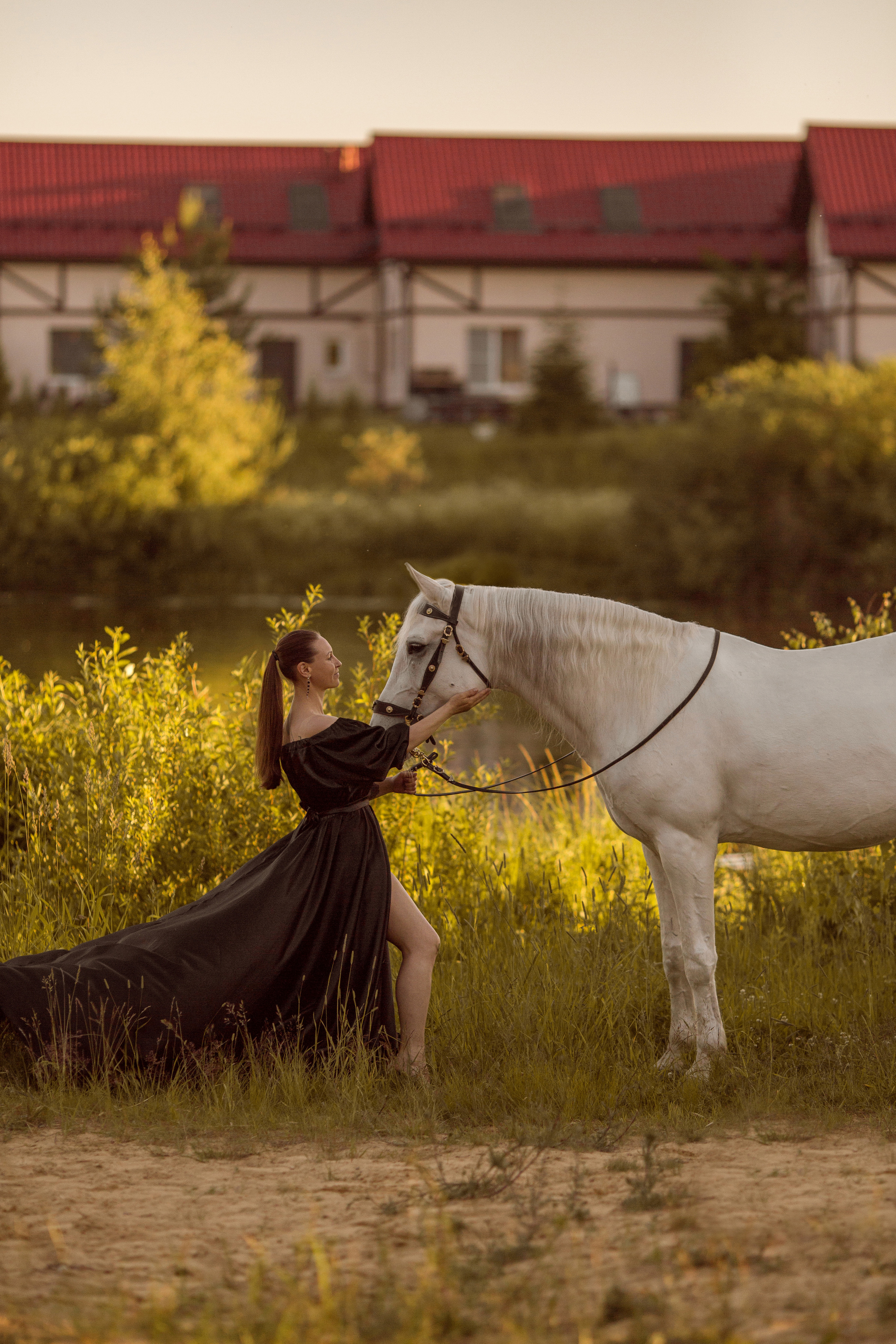 Фотосессия с серой лошадью у озера