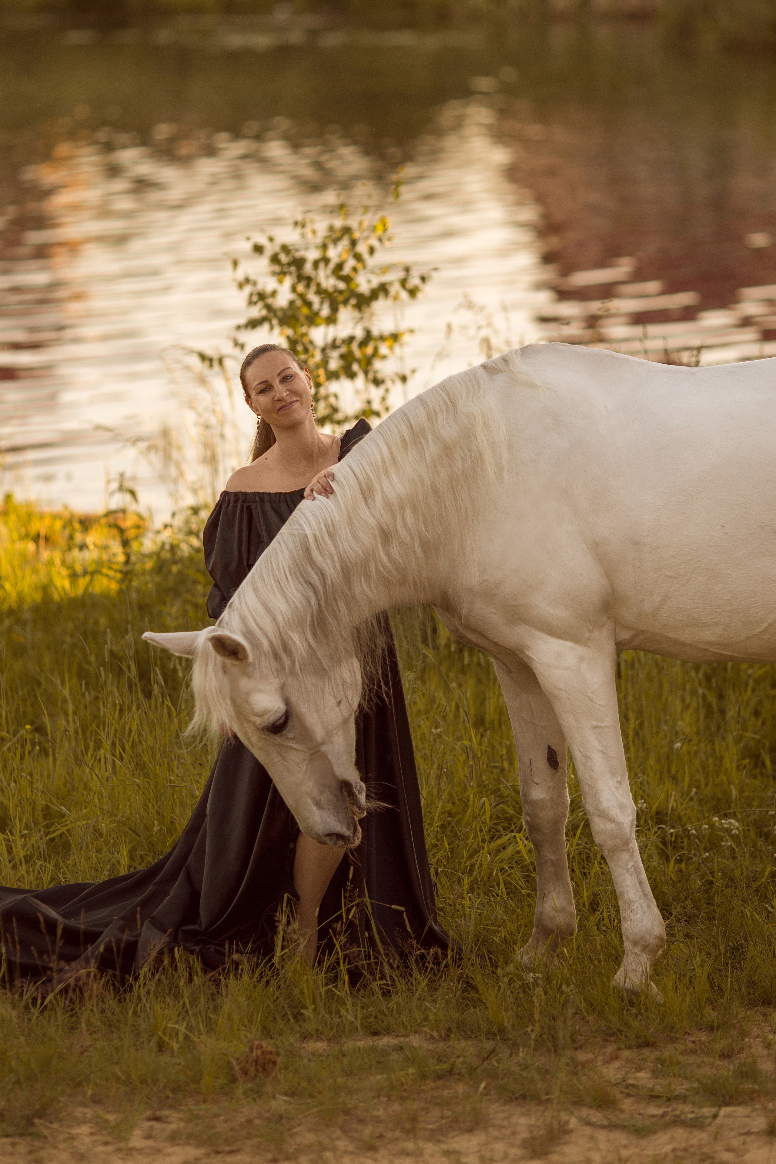 Фотосессия с серой лошадью у озера