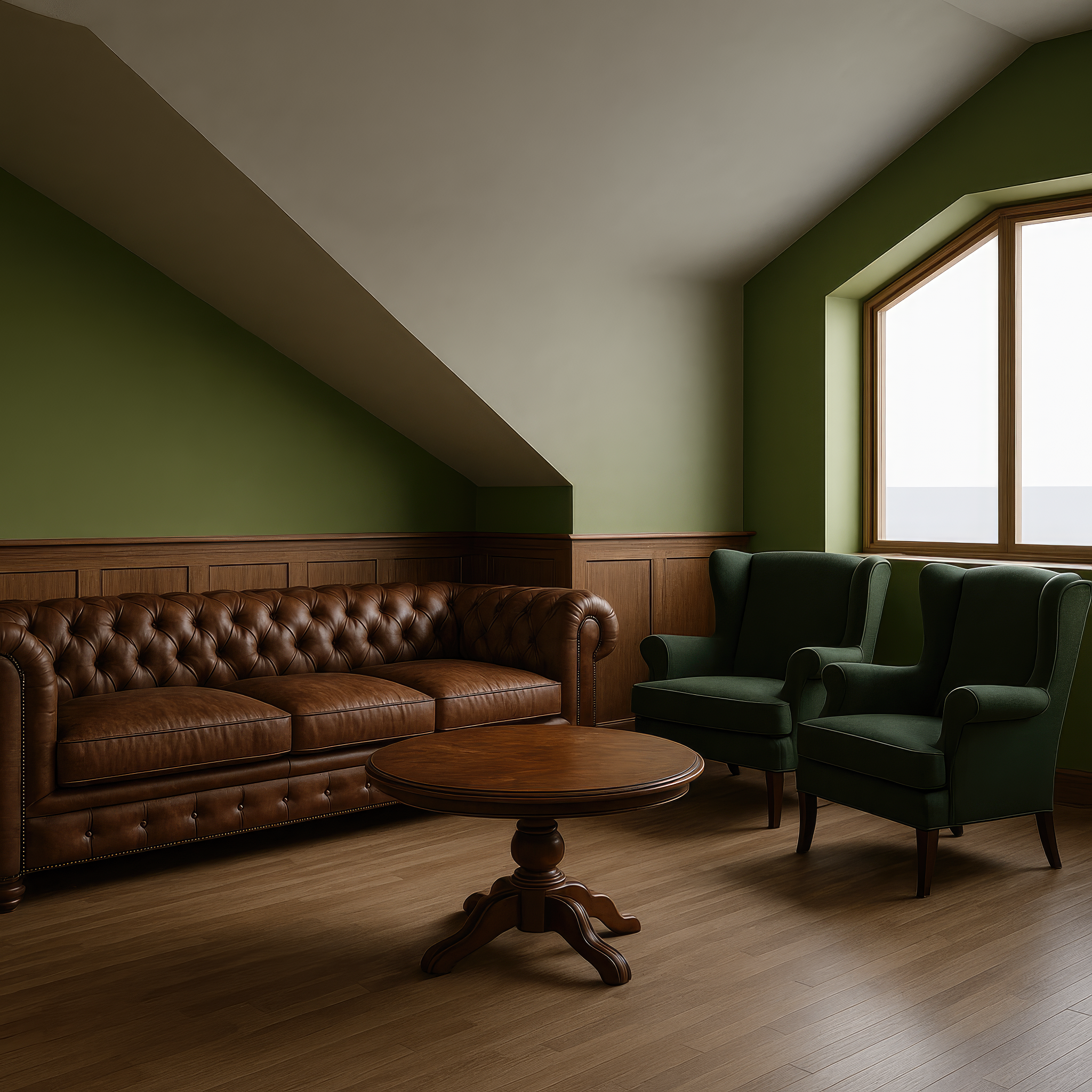 Классическая гостиная под мансардой с деревянной отделкой