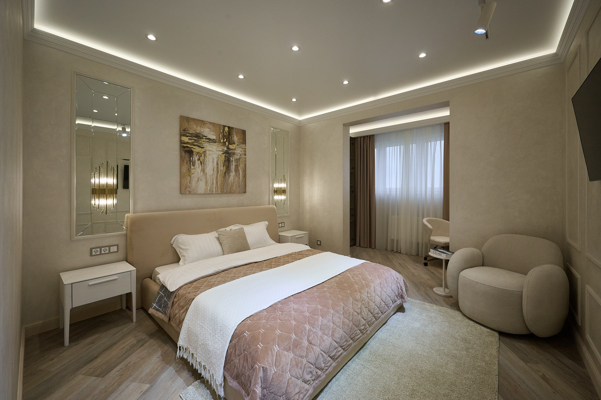 светлые оттенки комнаты два зеркала белая тумба белое кресло 