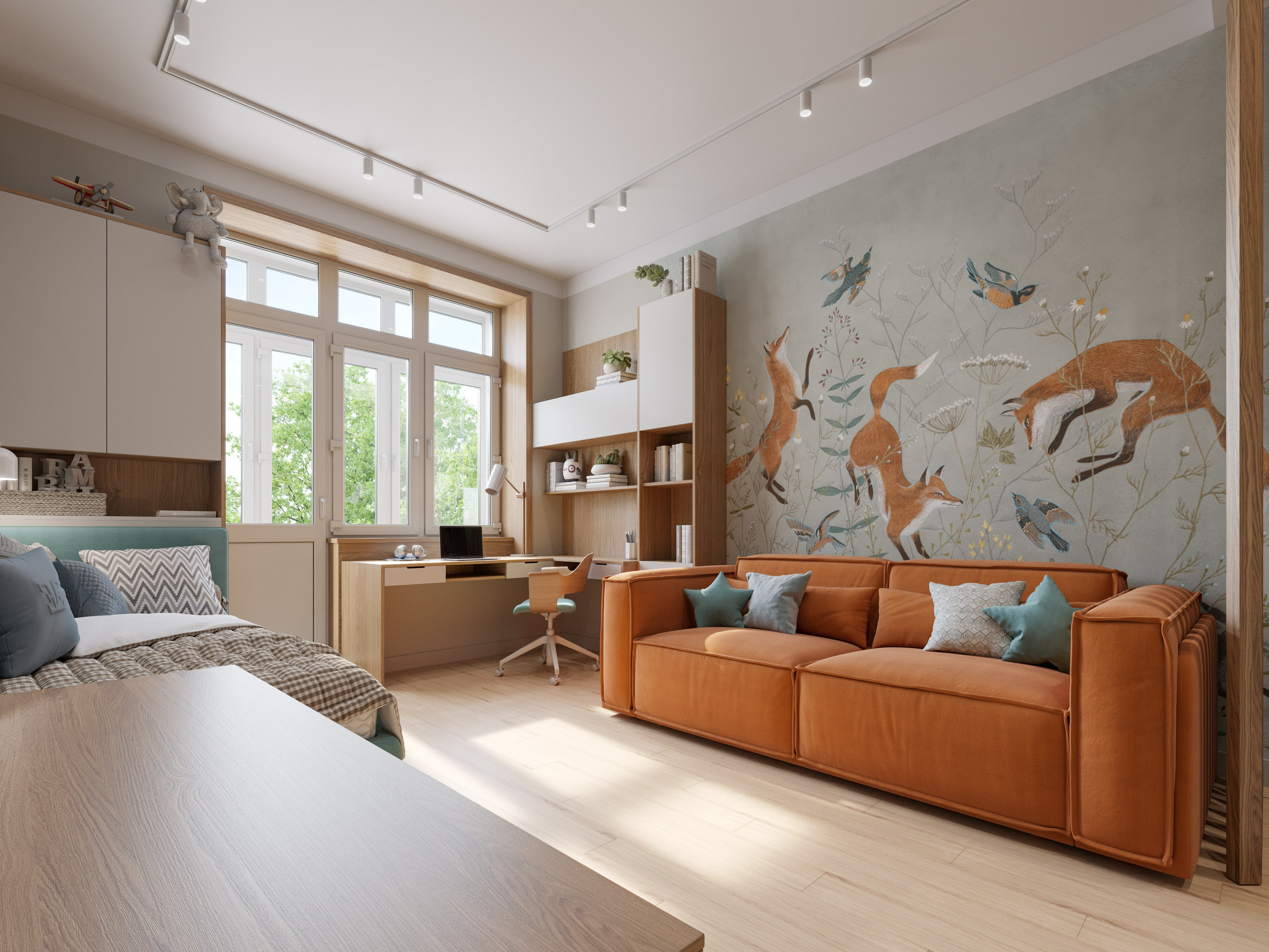 Зонирование детской для двух детей: спальная, игровая зона и скалодром с матами