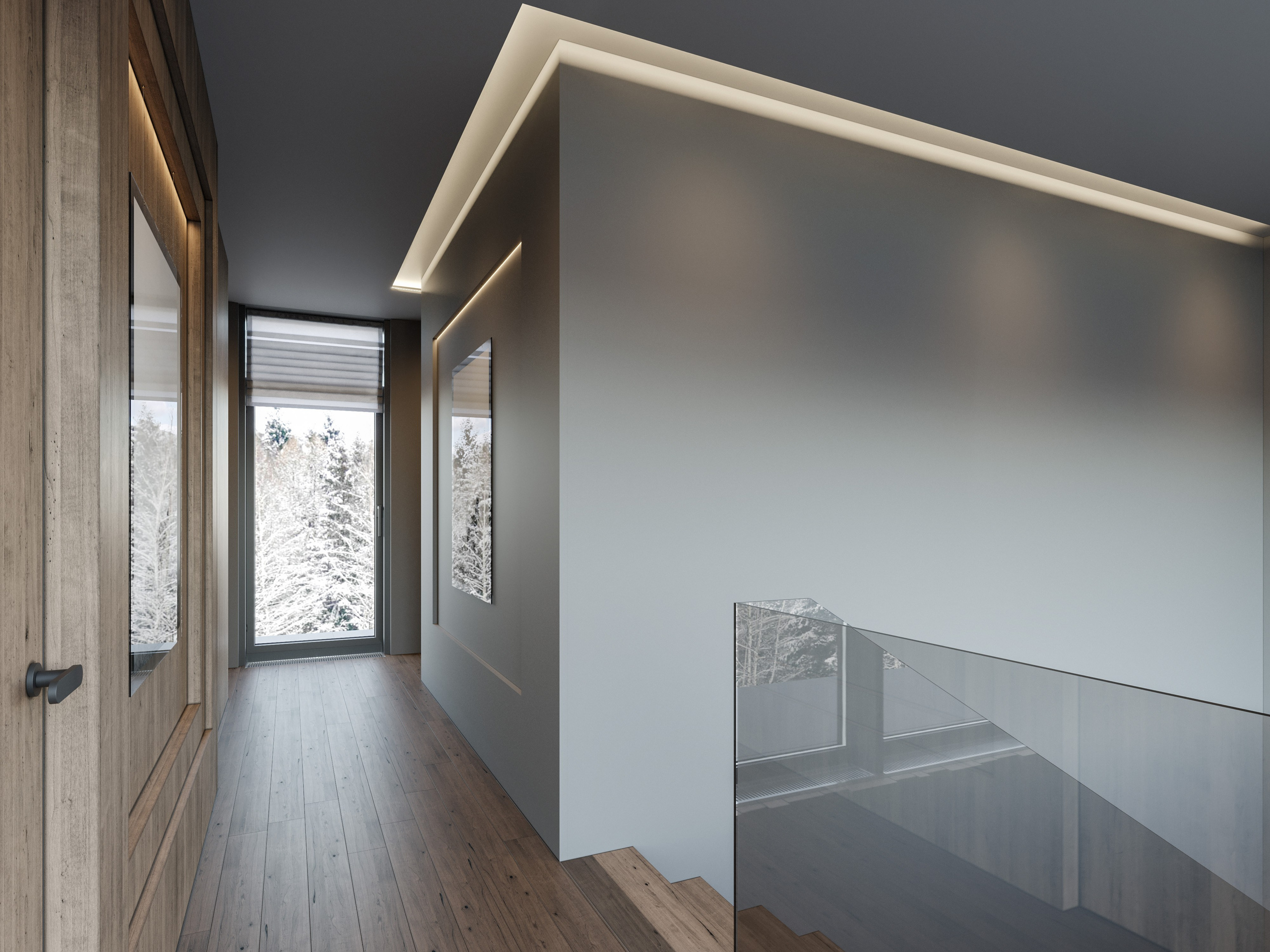 Холл с темными стенами и деревянной лестницей в современном стиле