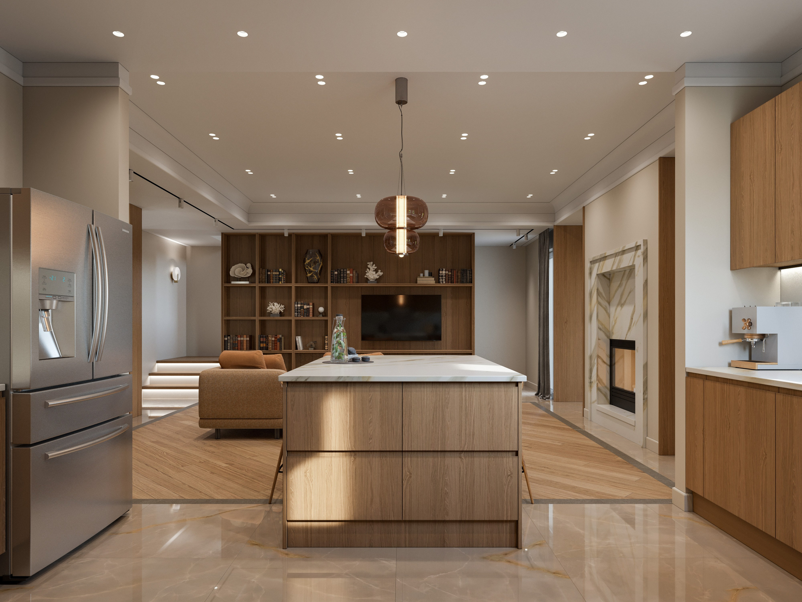 Большая кухня в современном стиле с деревянными фасадами и островом