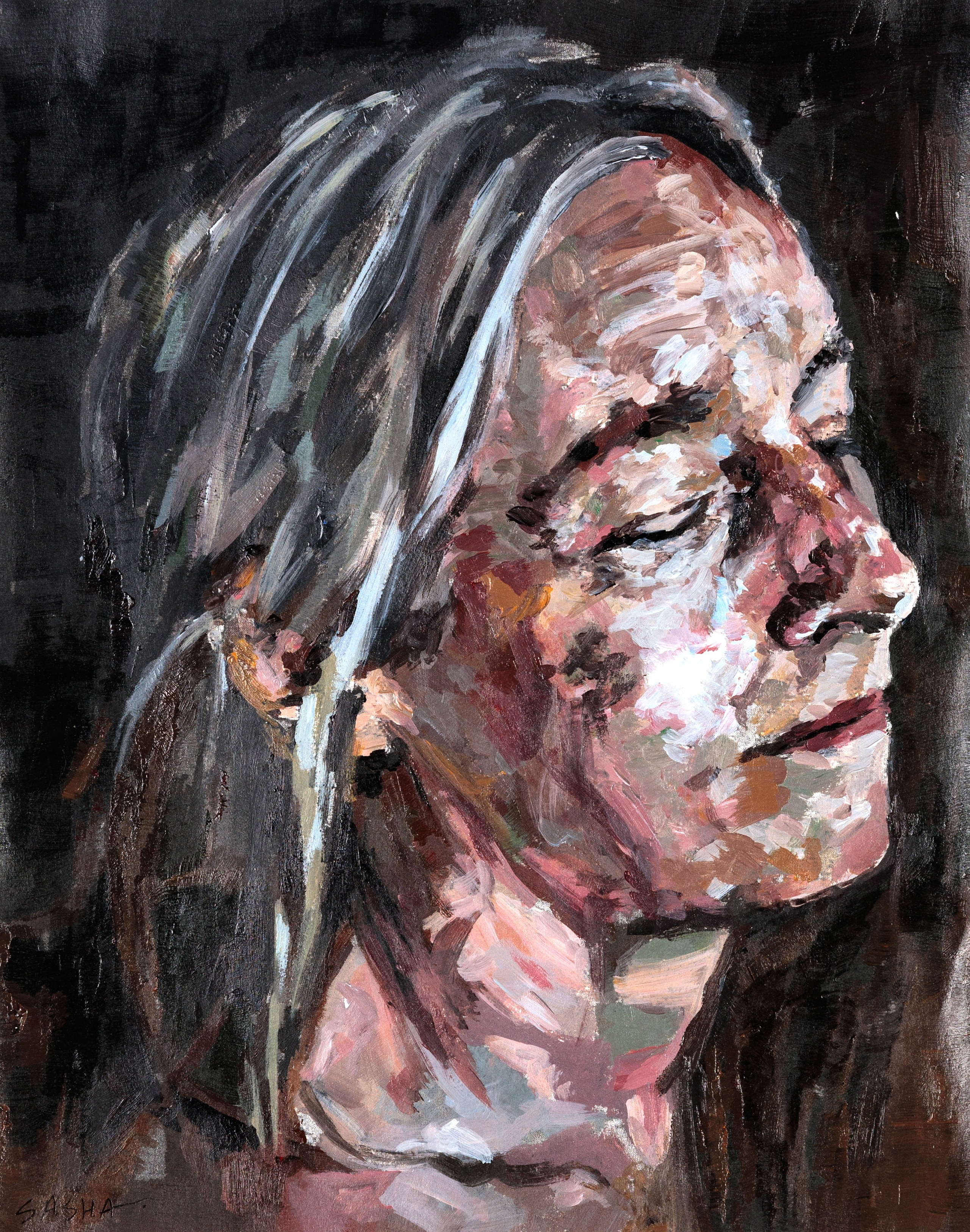 портрет женщины в профиль, с закрытыми глазами, написан маслом