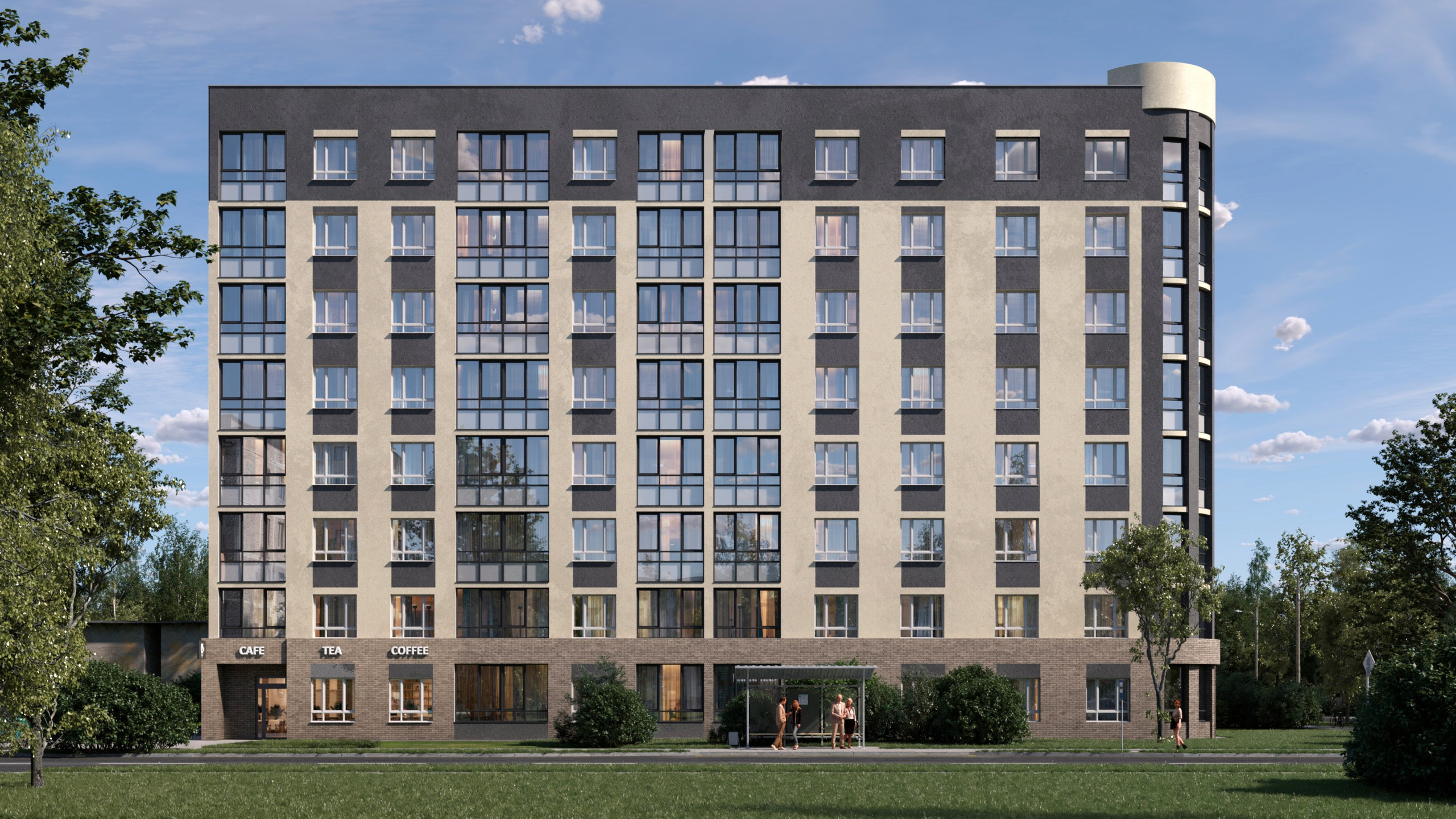 Архитектурная визуализация жилого дома с панорамными окнами, коммерческими павильонами на первом этаже