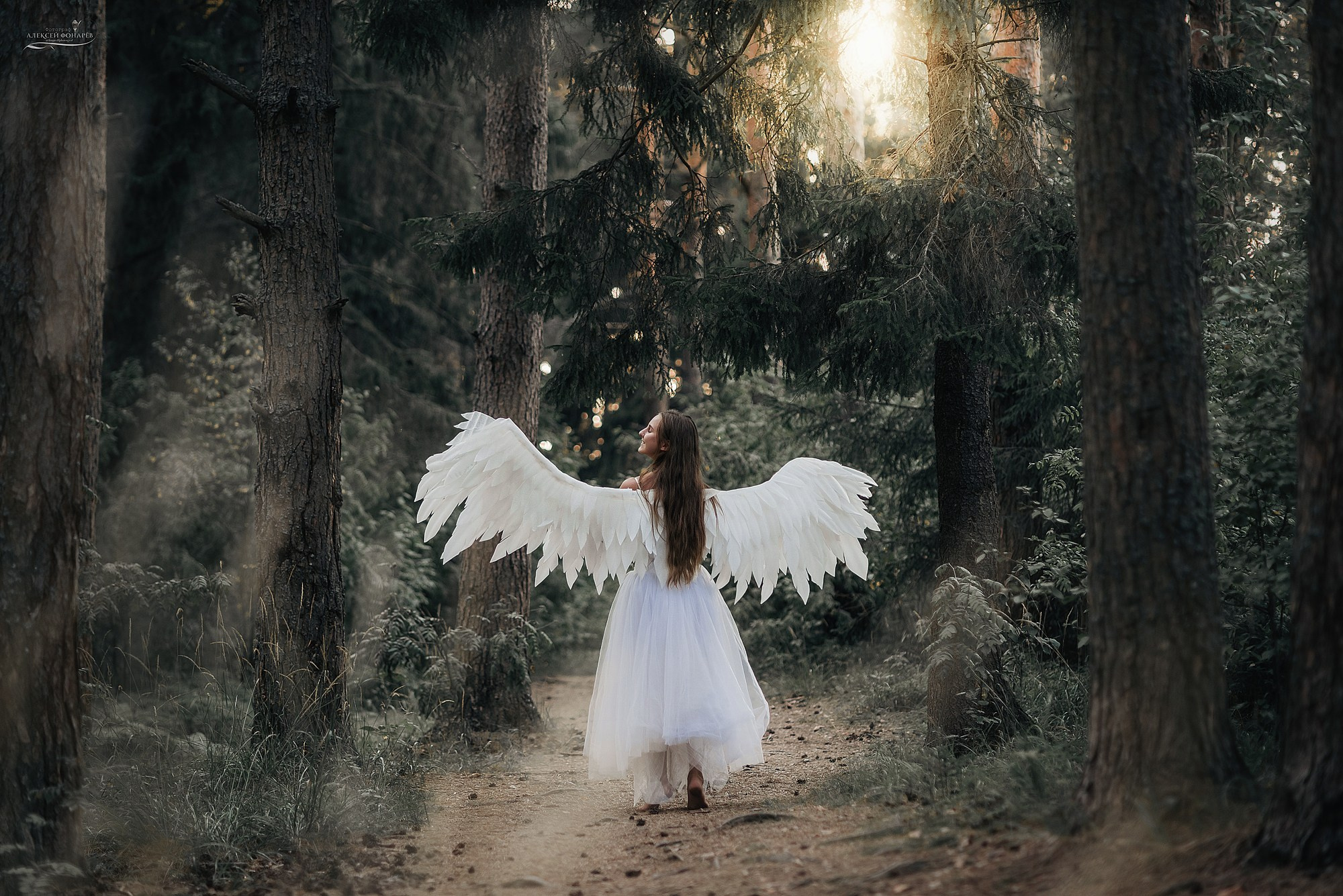 Девушка с крыльями в чаще леса