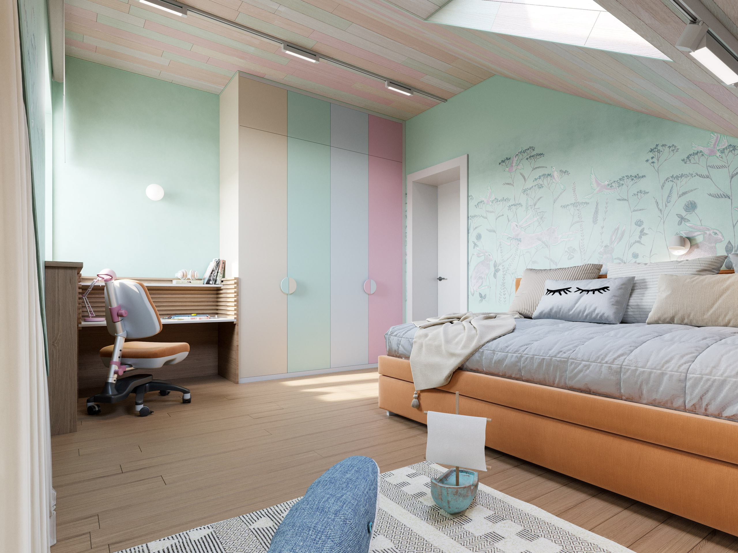 Учебная зона в детской комнаты с эргономичным креслом и большим шкафом