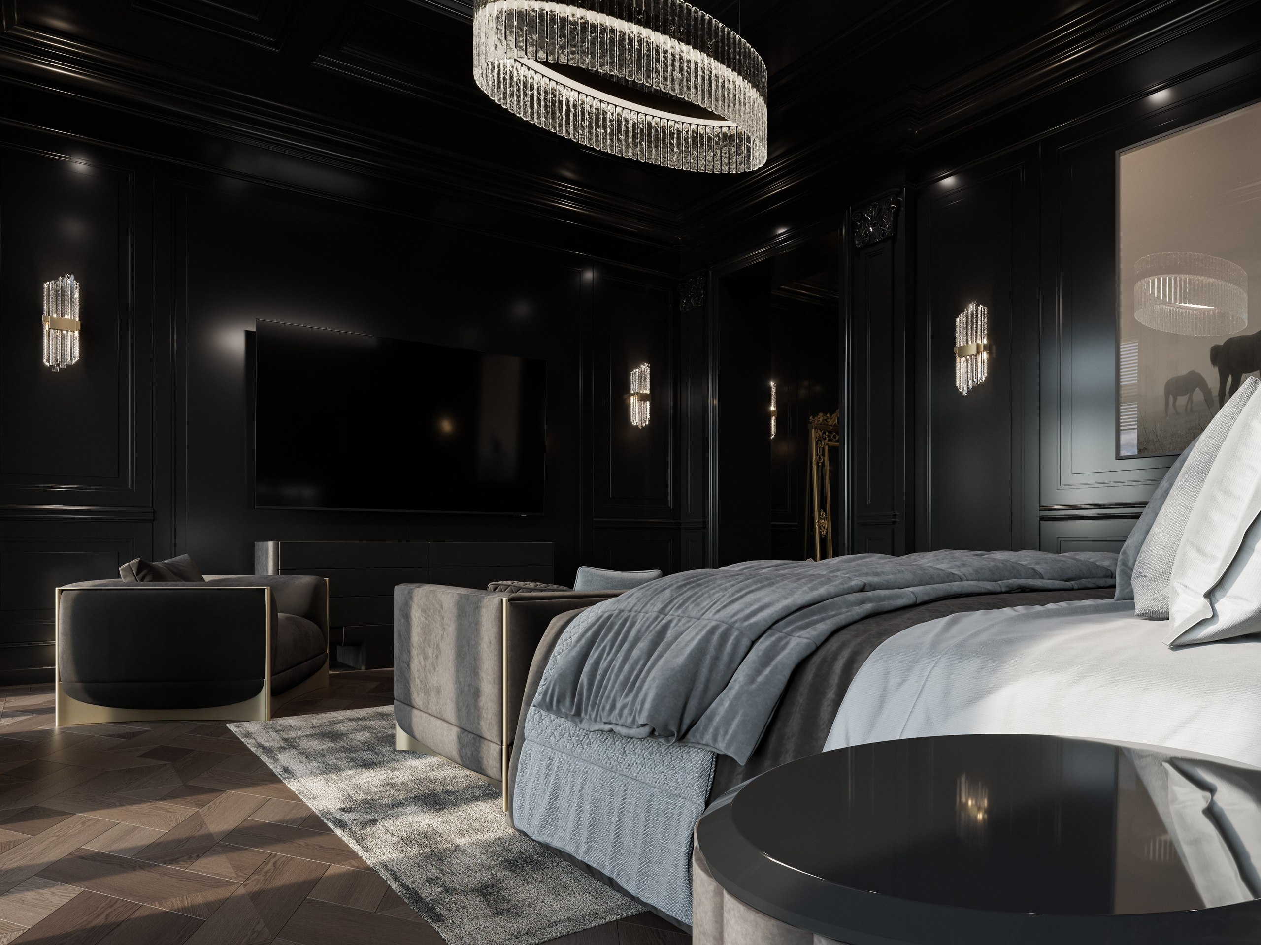 Прикроватные тумбы черного лака с бронзовыми ручками в мужской спальне