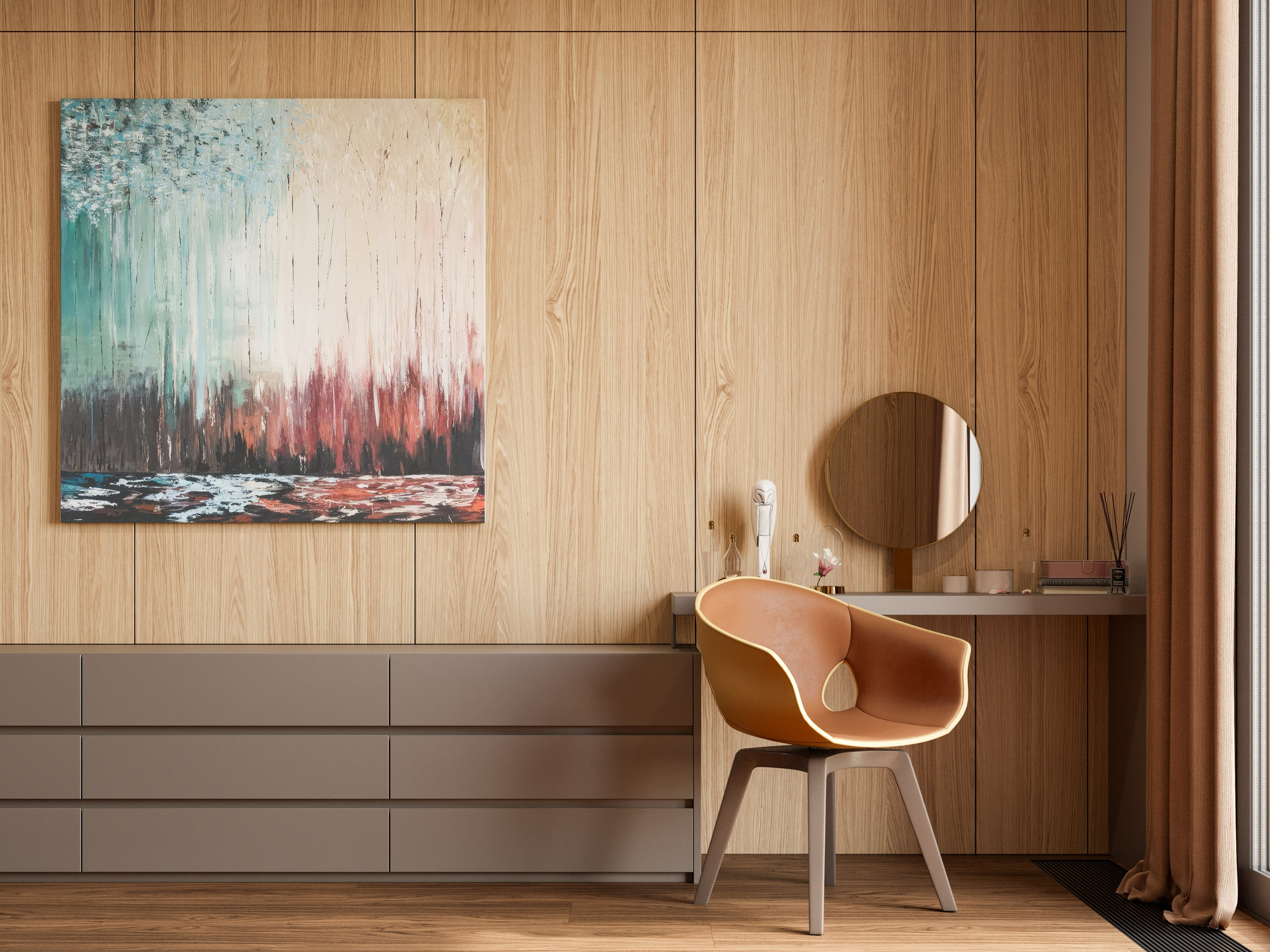 Современная спальня в Белграде с комодом коричневого цвета и зеркалом в золотой раме