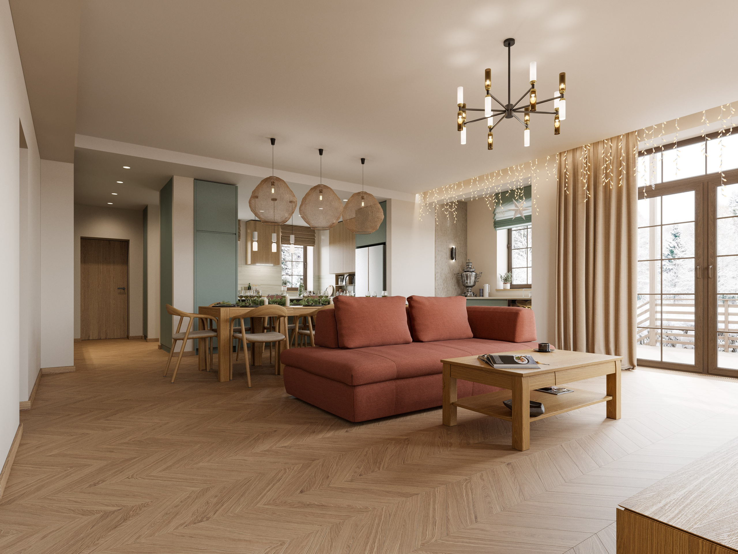 Зона отдыха в гостиной с современным диваном и кофейным столиком из натурального дерева