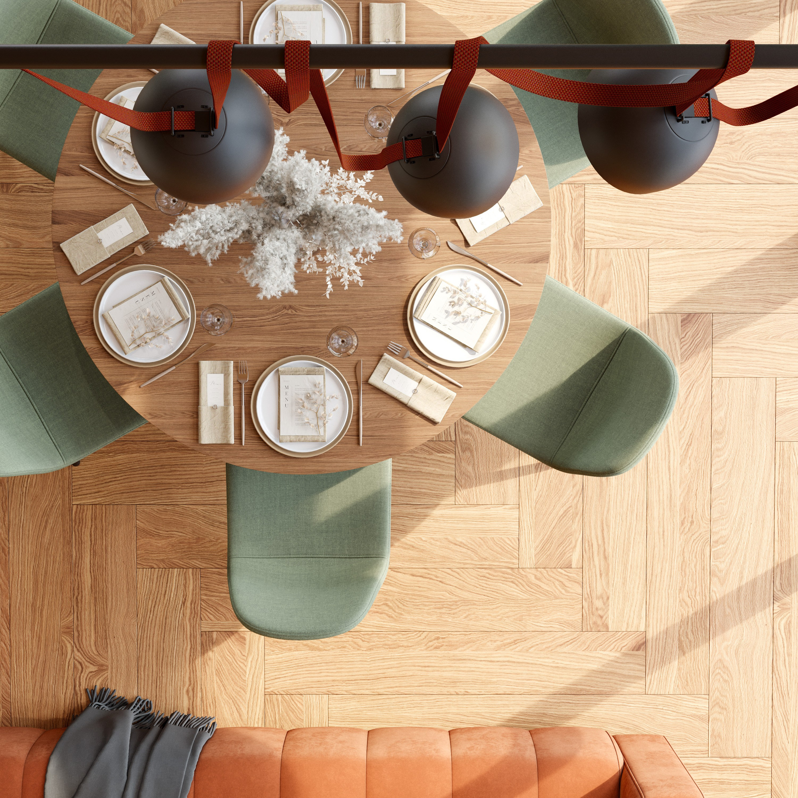 Визуализация подвесных светильников: дизайнерские модели над обеденным столом