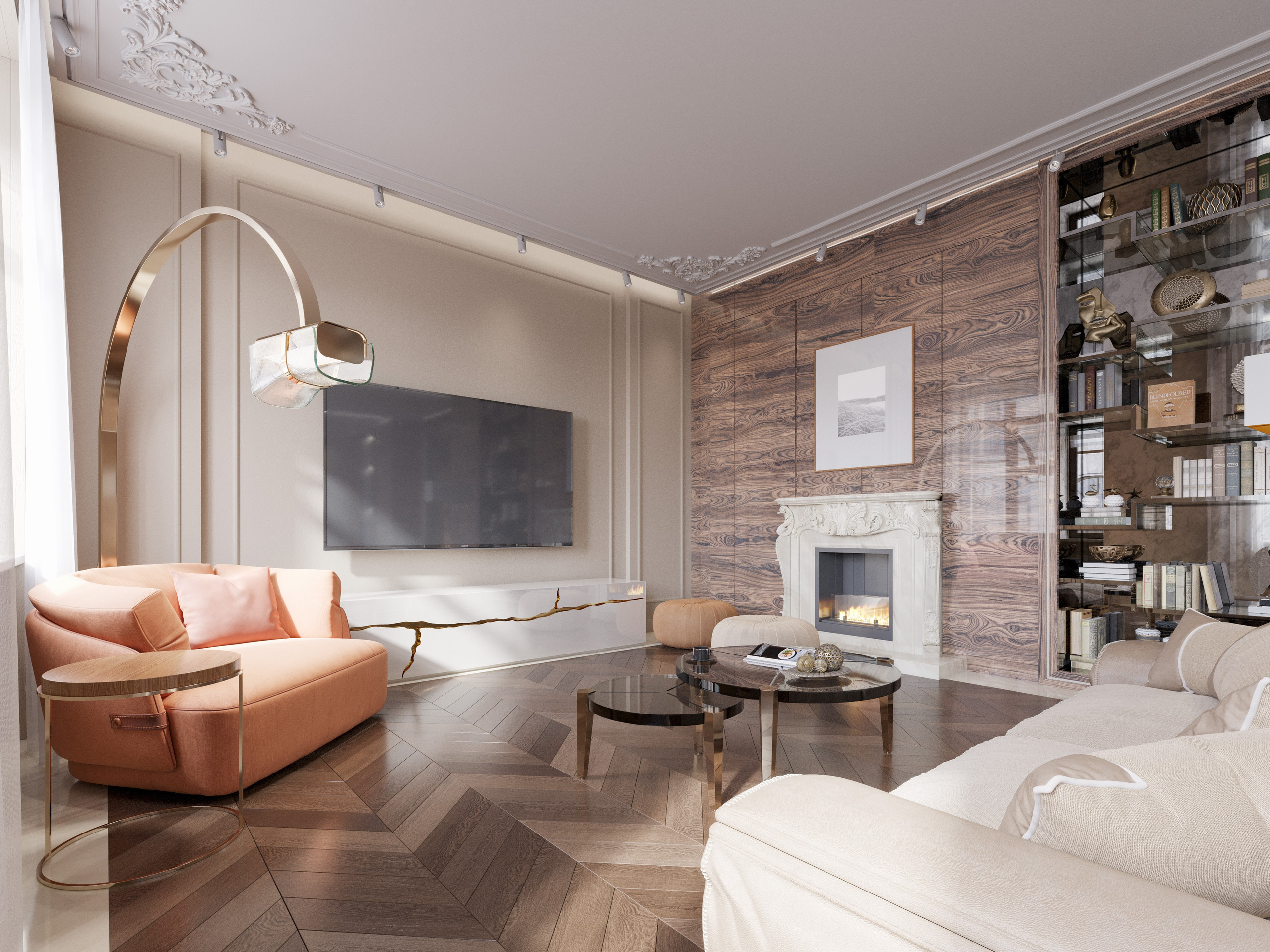 Дизайн гостиной в двухуровневой квартире: диванная группа, каминная зона, современная отделка.