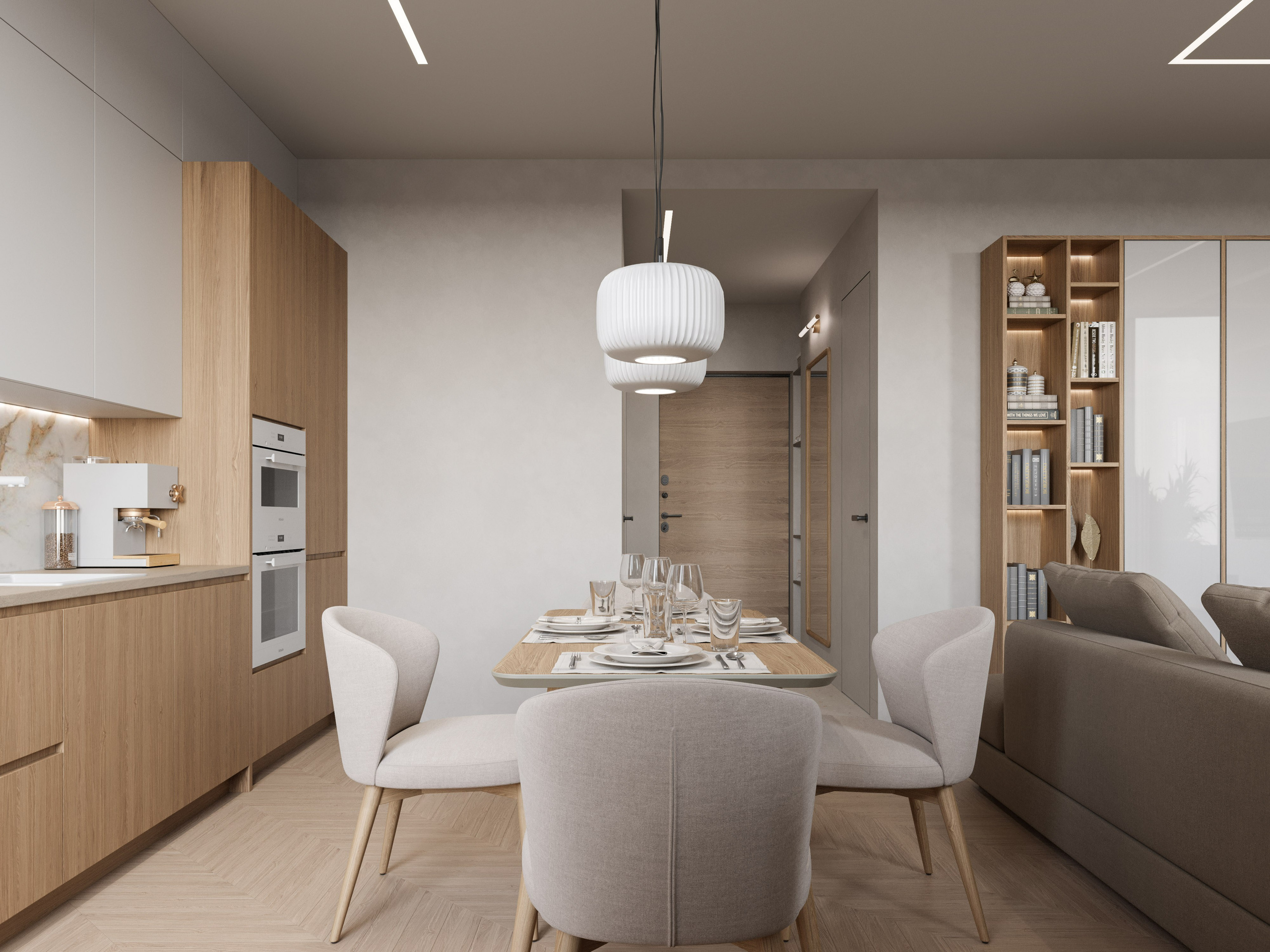 Обеденная зона с бежевыми стульями и деревянным столом в минималистичном стиле