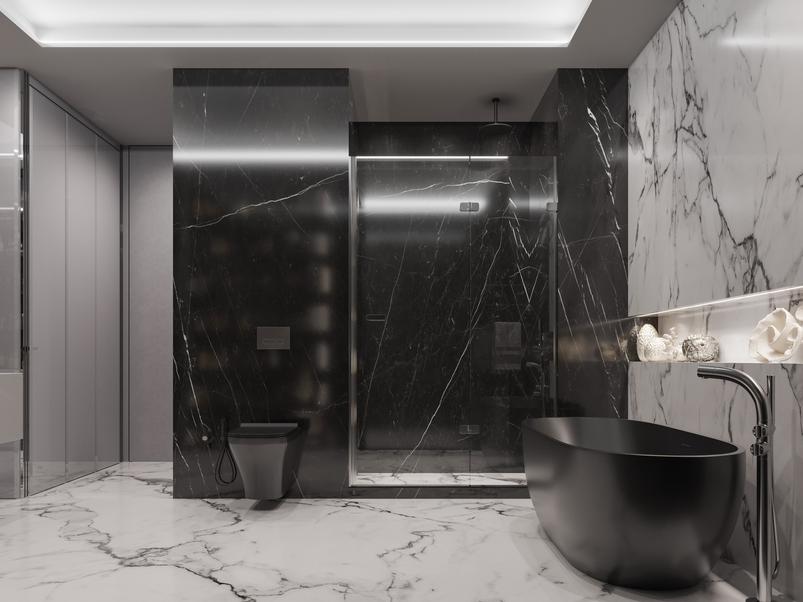 Рендер душевой зоны: глянцевая плитка и потолок с влагостойкой подсветкой