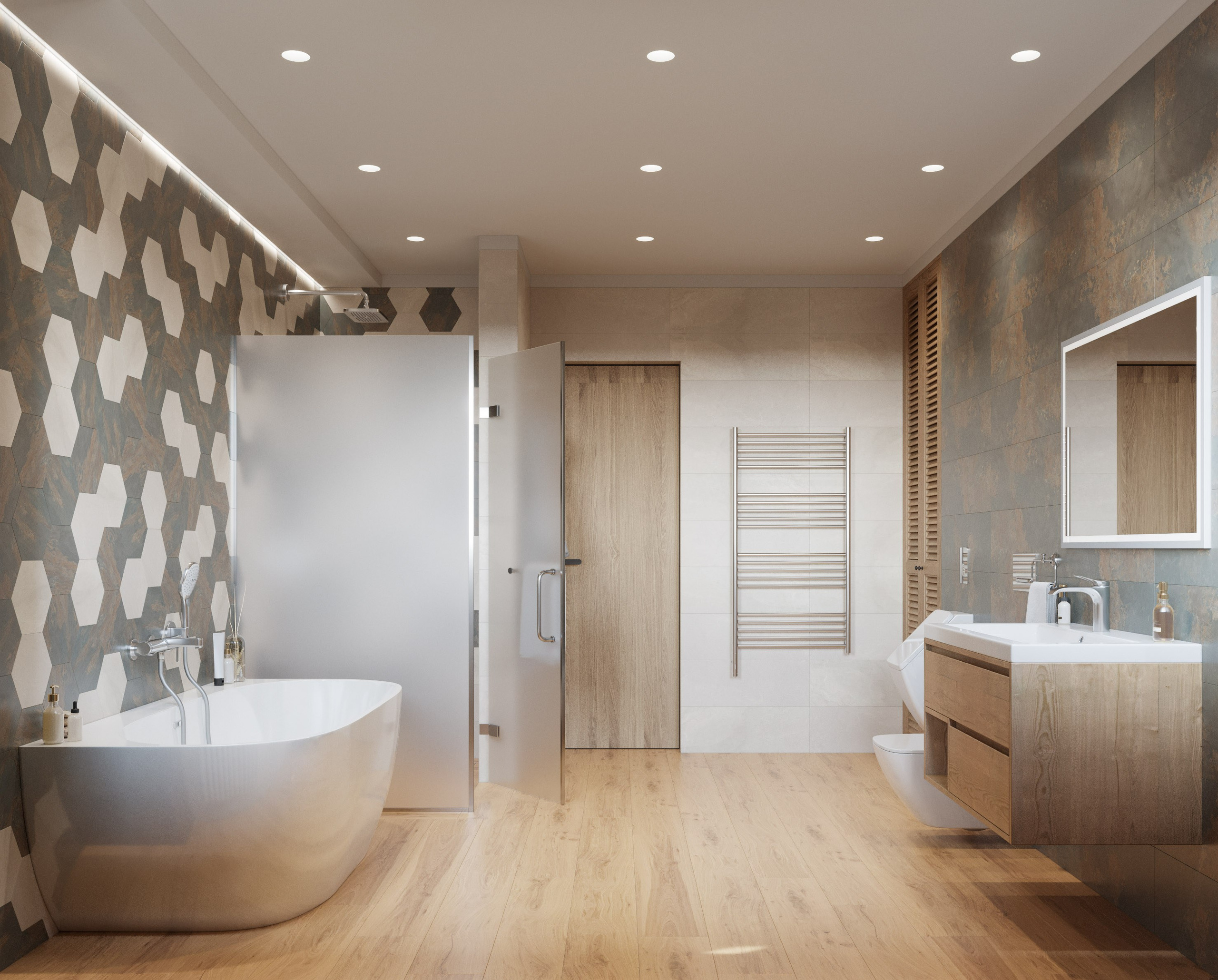 Ванная комната с шестигранной плиткой и деревянным полом в современном дизайне