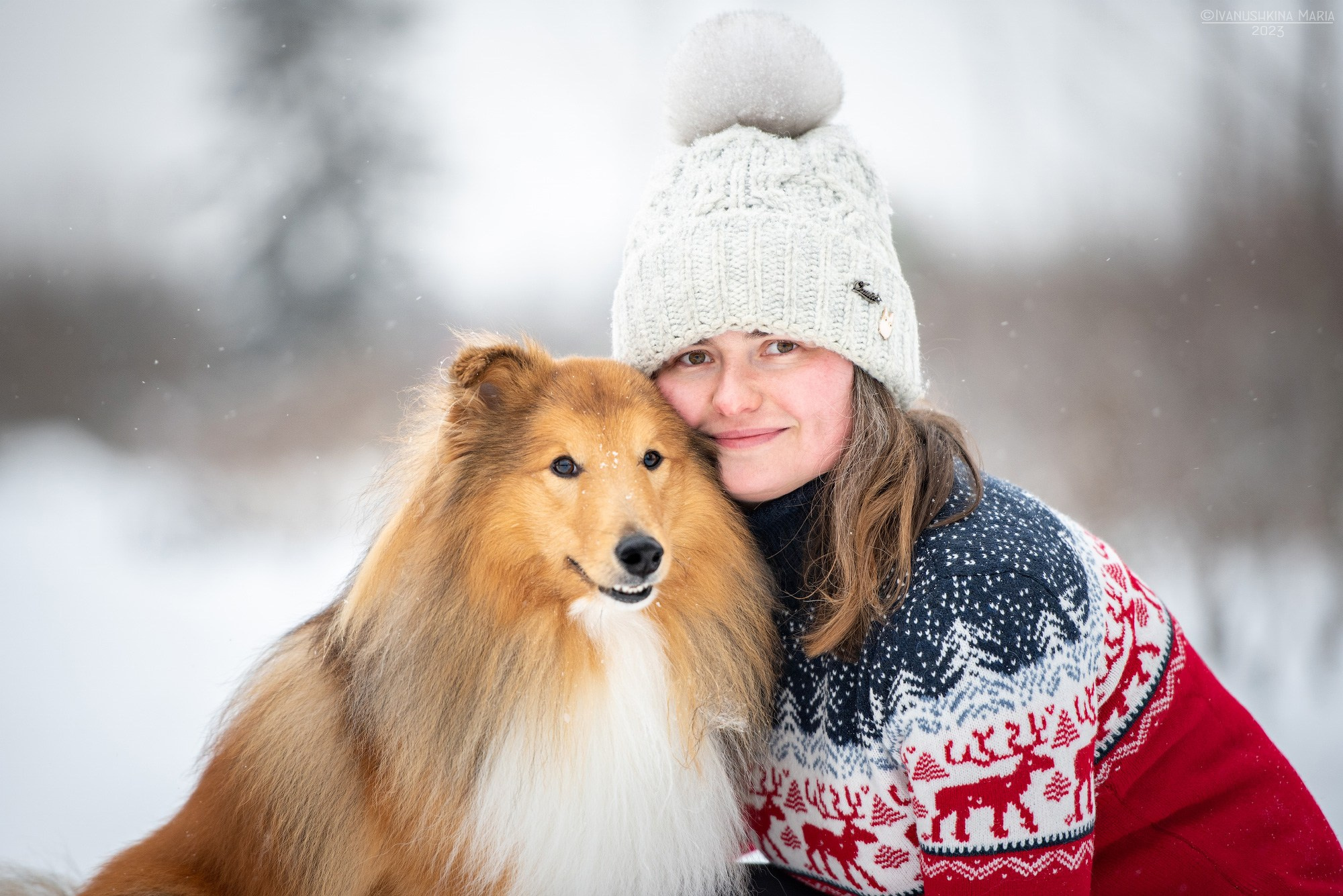 девушка и шелти зимой
