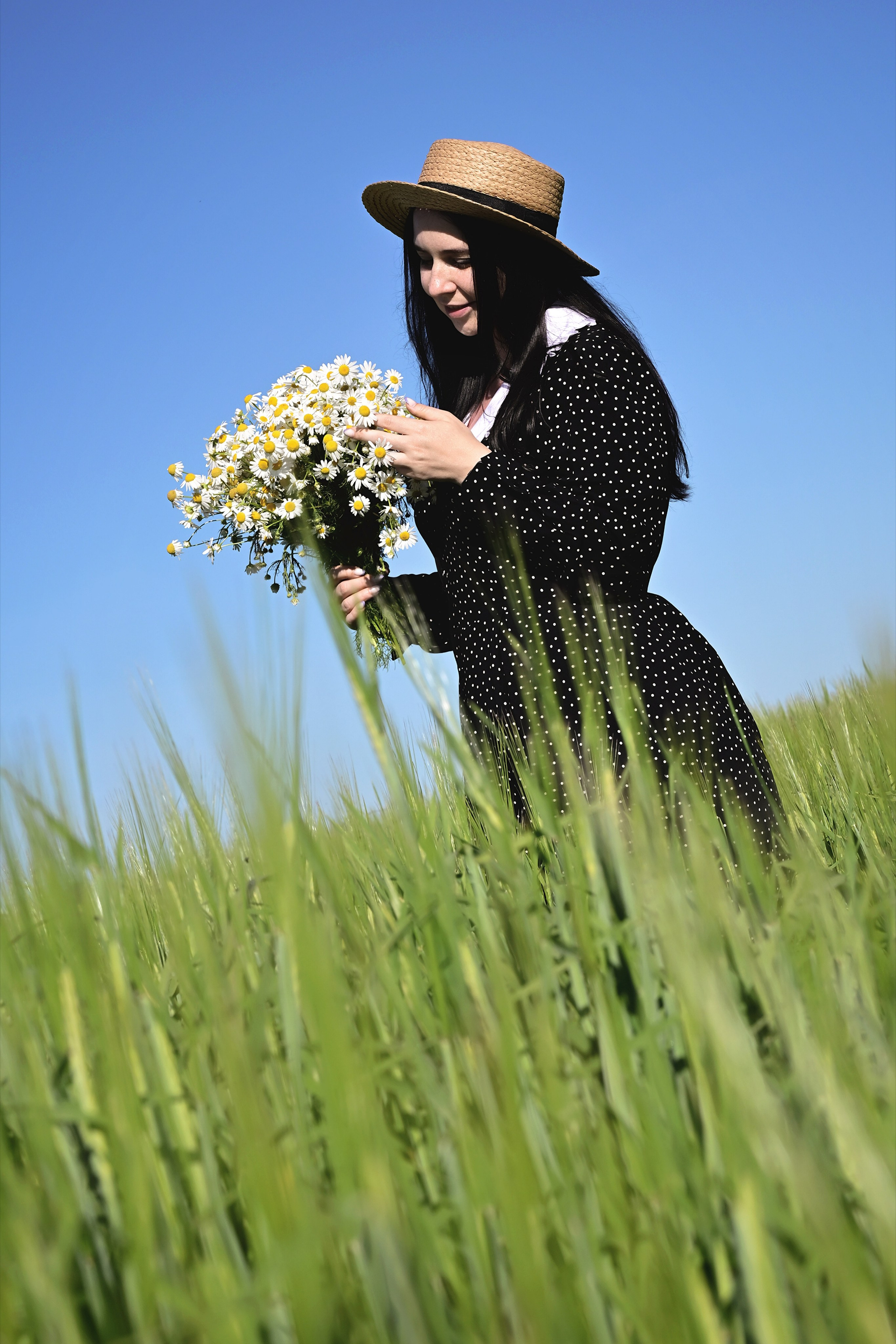 Девушка в шляпе в поле с букетом ромашек