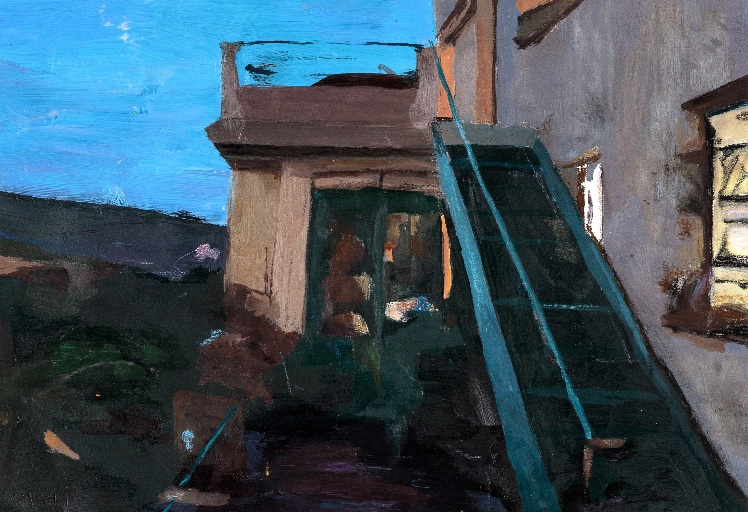 картина с домом, лестницей и видом на природу