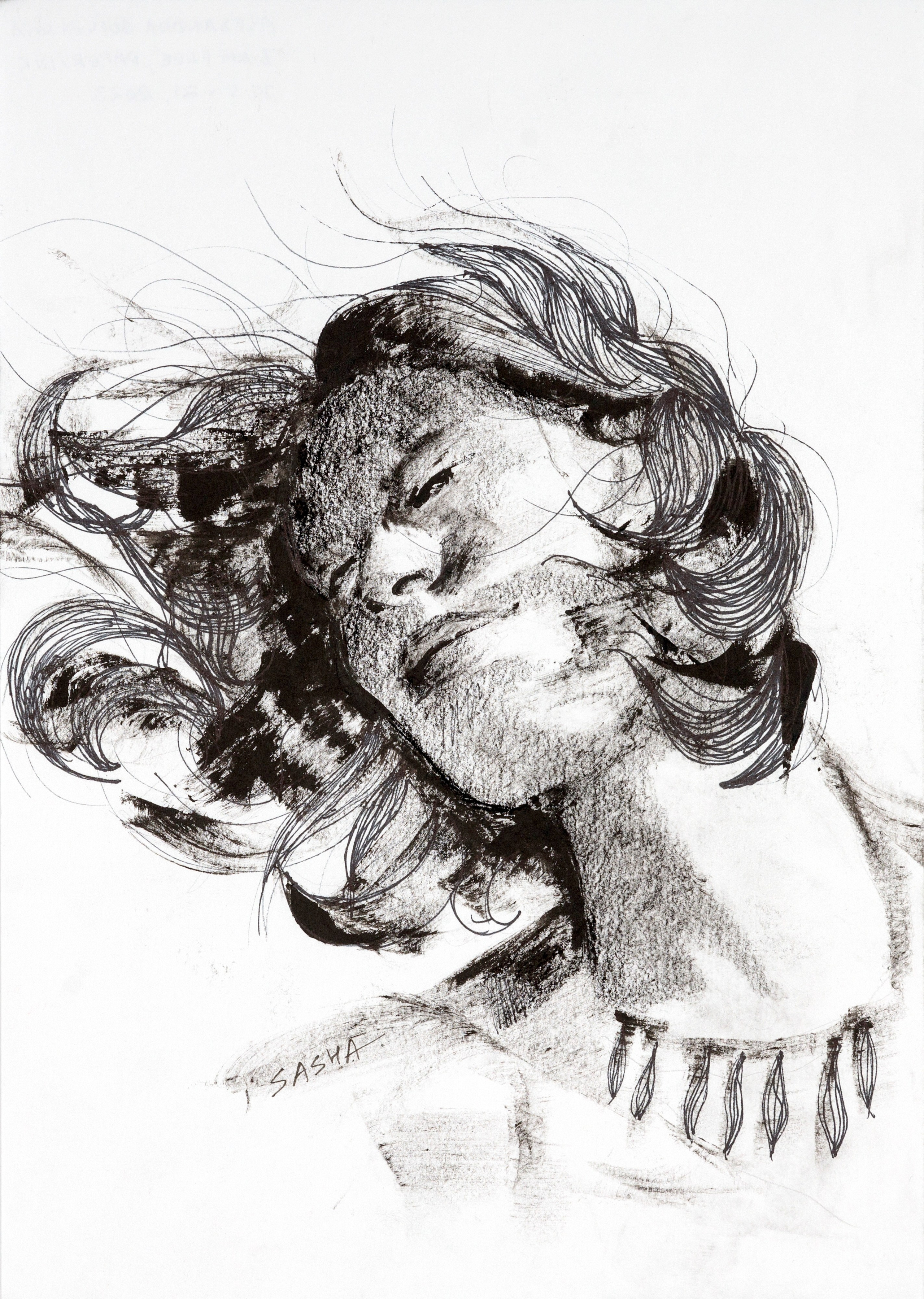 портрет женщины с развевающимися волосами, очень экспрессивный