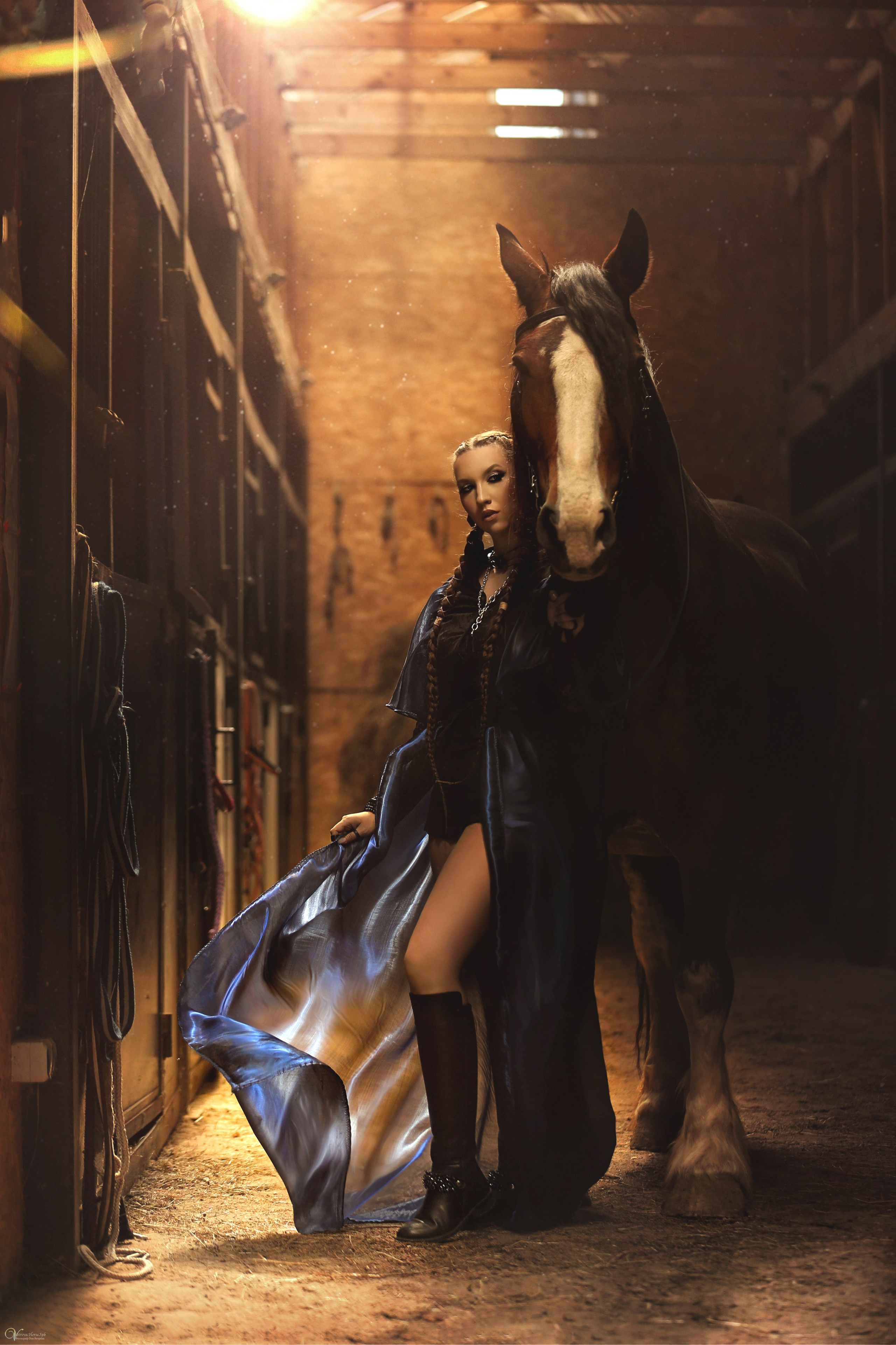Фотосессия с лошадьми на конюшне, портрет девушки с гнедой лошадью, фотосессия с тяжеловоз