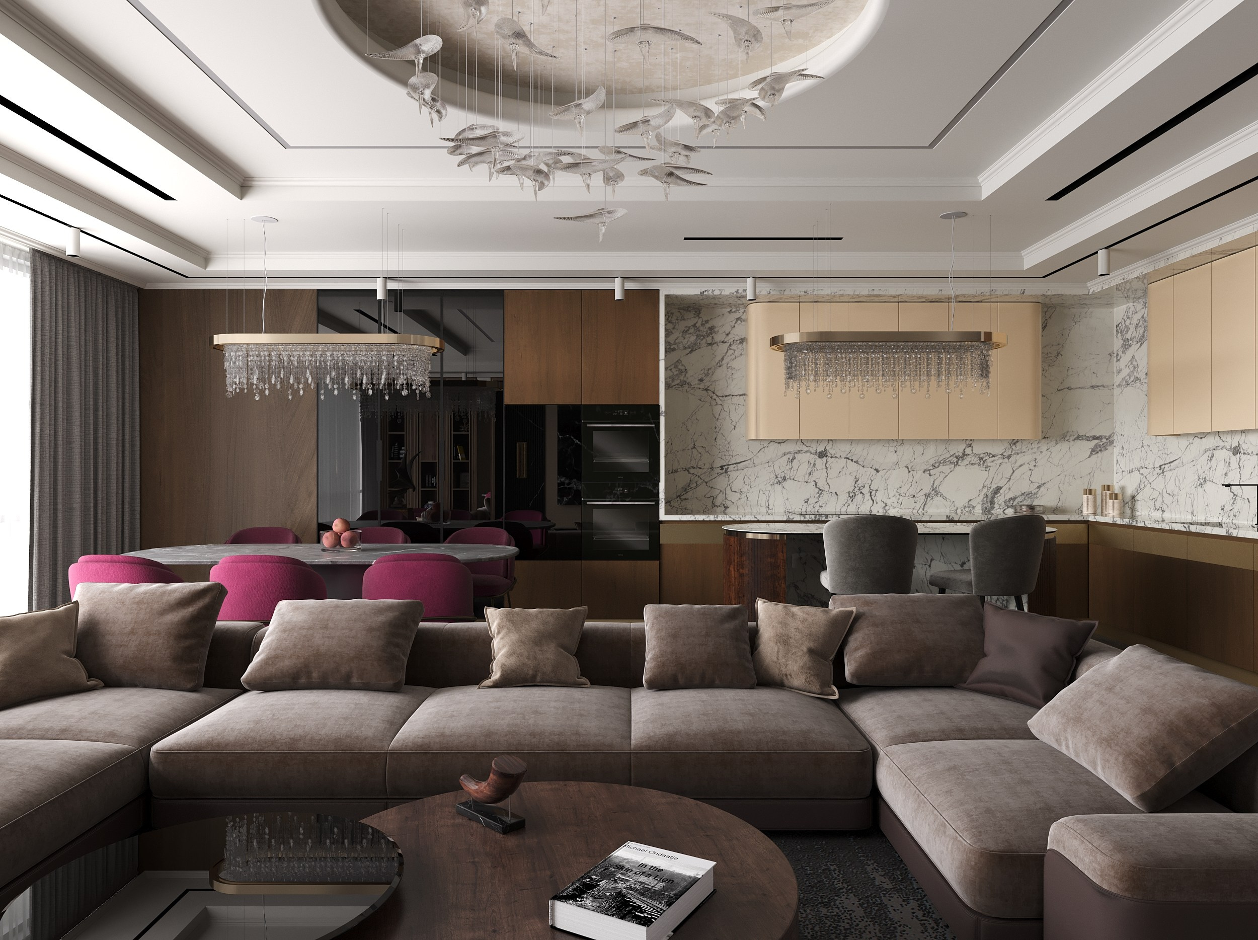 Гостиная — столовая. 3D визуализация